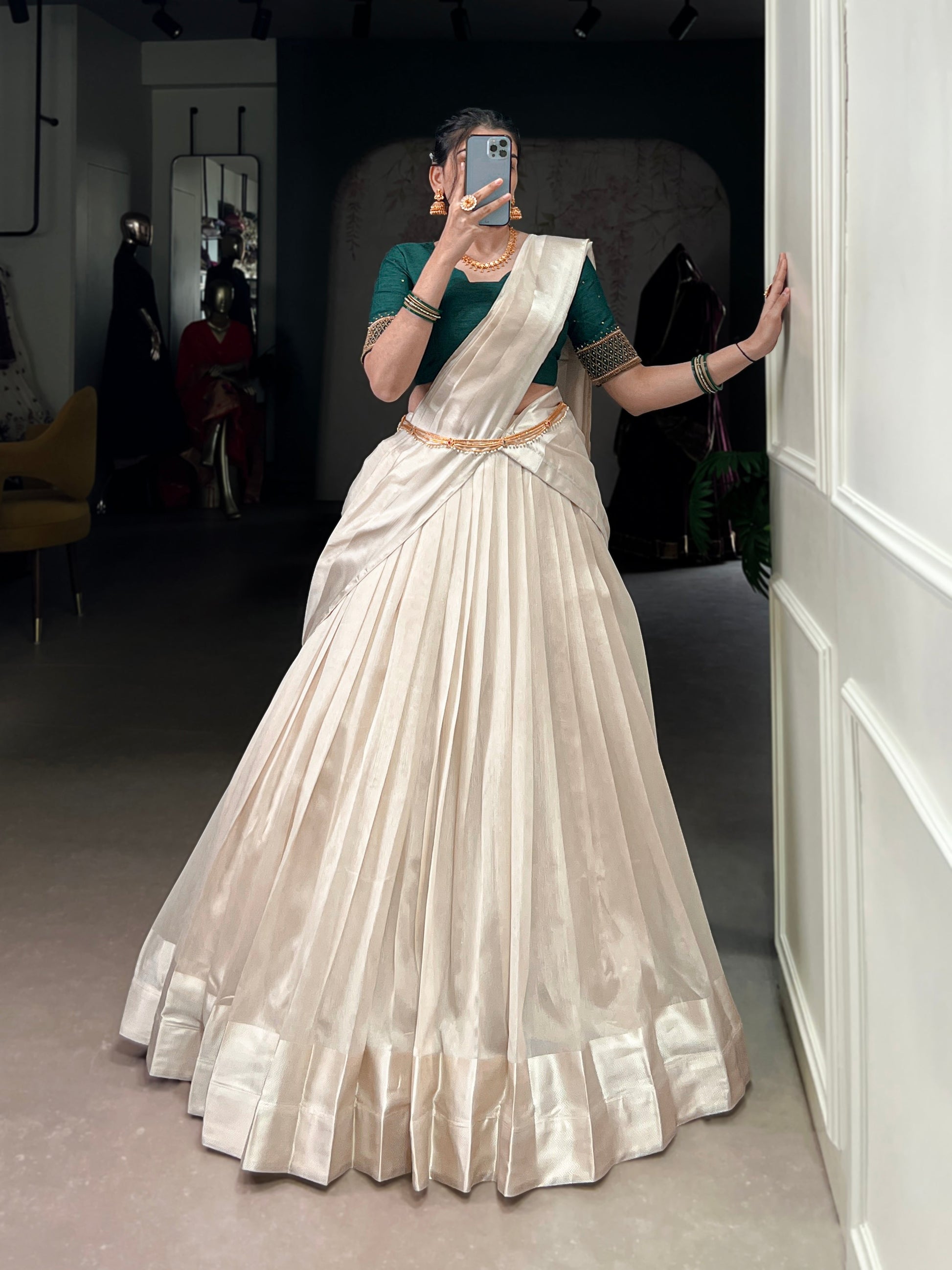 Lorenvalley Fashion White Poly Tasar Viscose Border Lehenga Choli with Dupatta | Swadesiicart