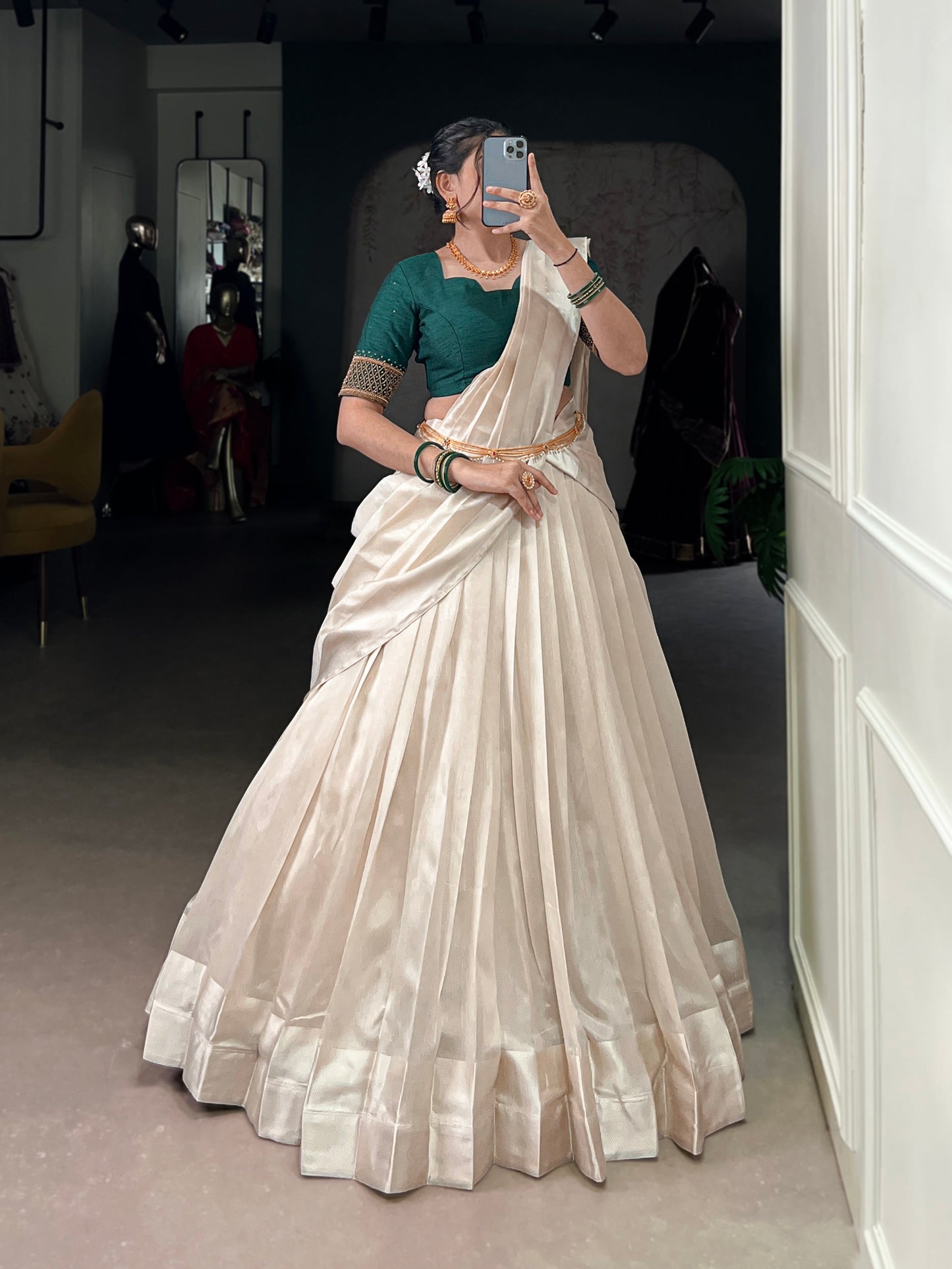 Lorenvalley Fashion White Poly Tasar Viscose Border Lehenga Choli with Dupatta | Swadesiicart