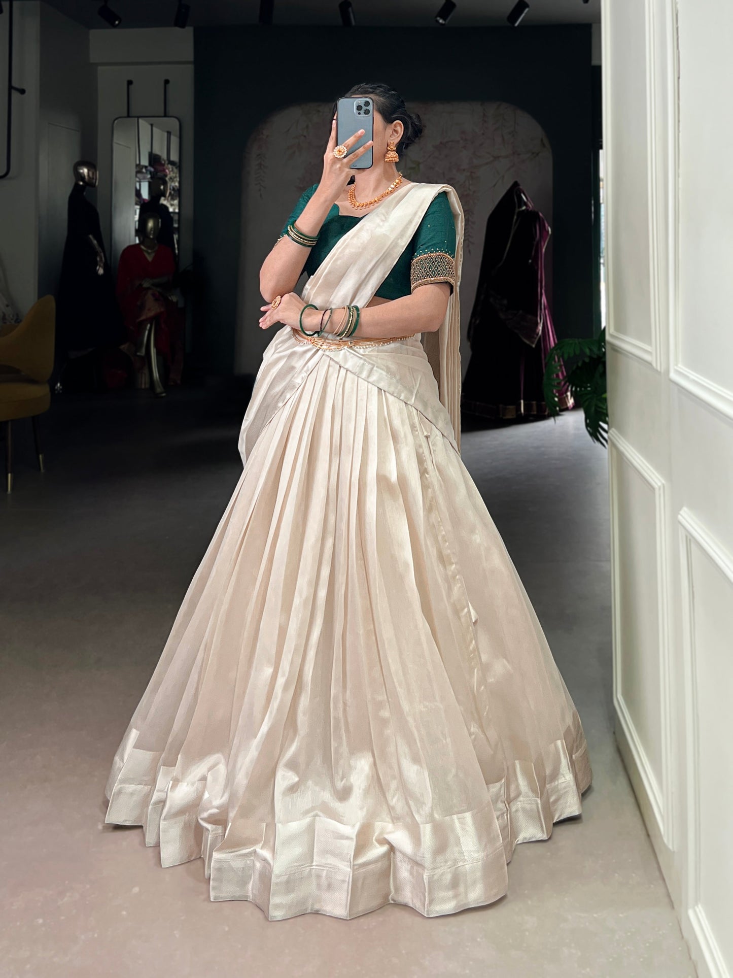 Lorenvalley Fashion White Poly Tasar Viscose Border Lehenga Choli with Dupatta | Swadesiicart