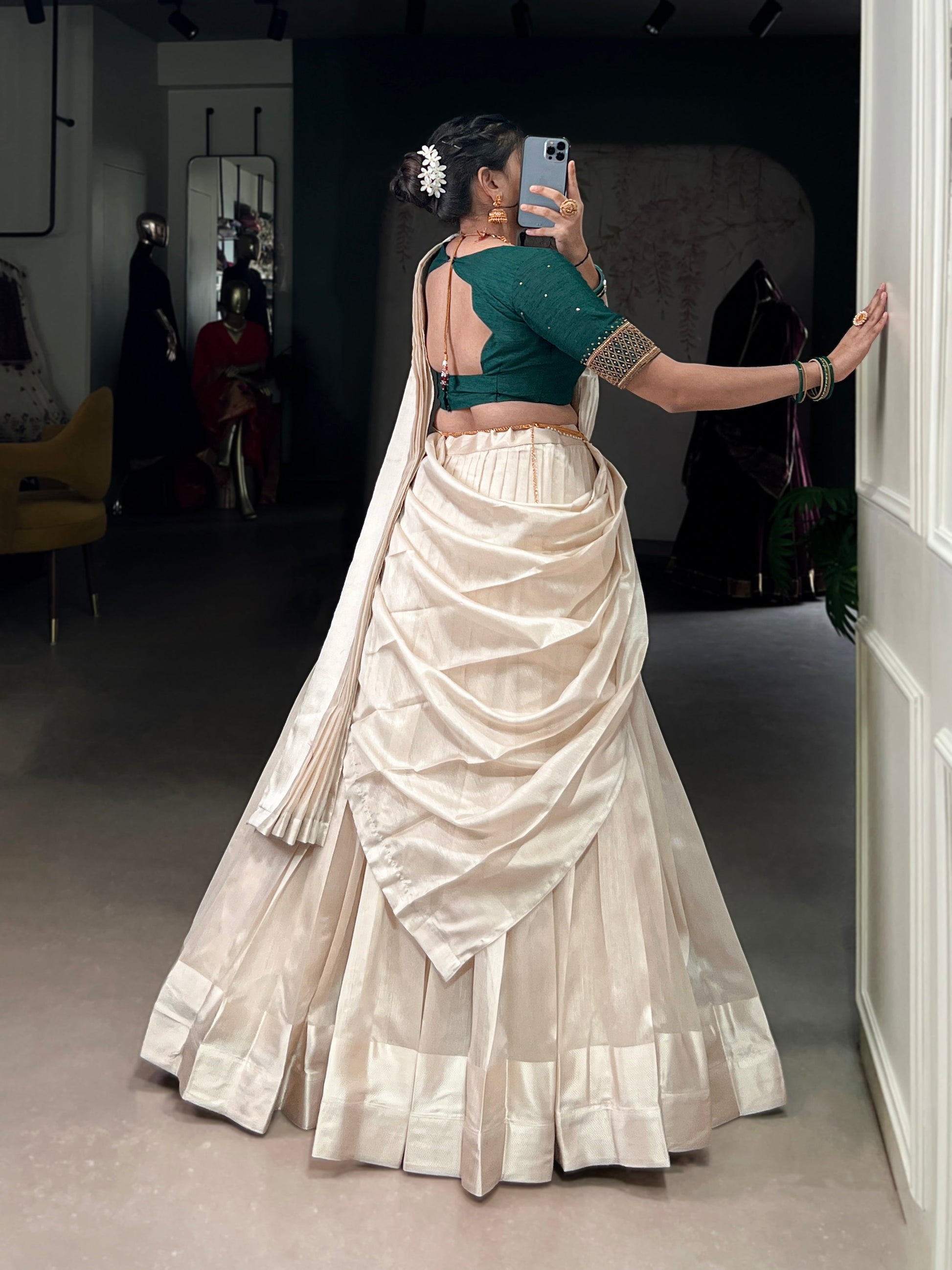 Lorenvalley Fashion White Poly Tasar Viscose Border Lehenga Choli with Dupatta | Swadesiicart