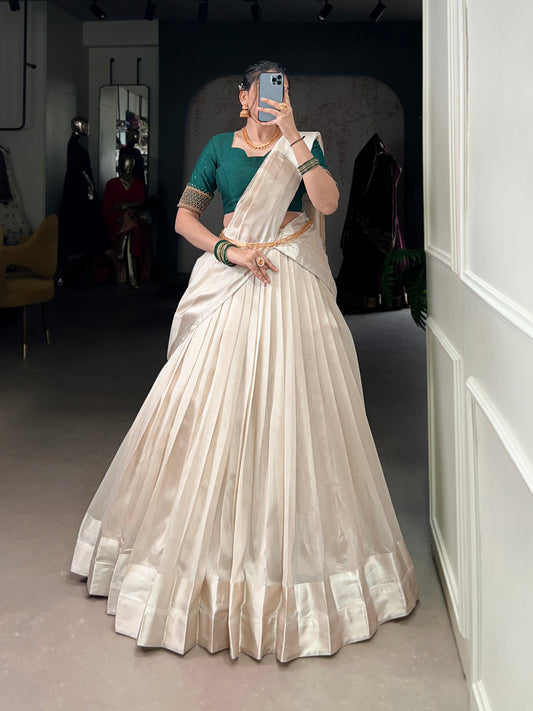 Lorenvalley Fashion White Poly Tasar Viscose Border Lehenga Choli with Dupatta | Swadesiicart