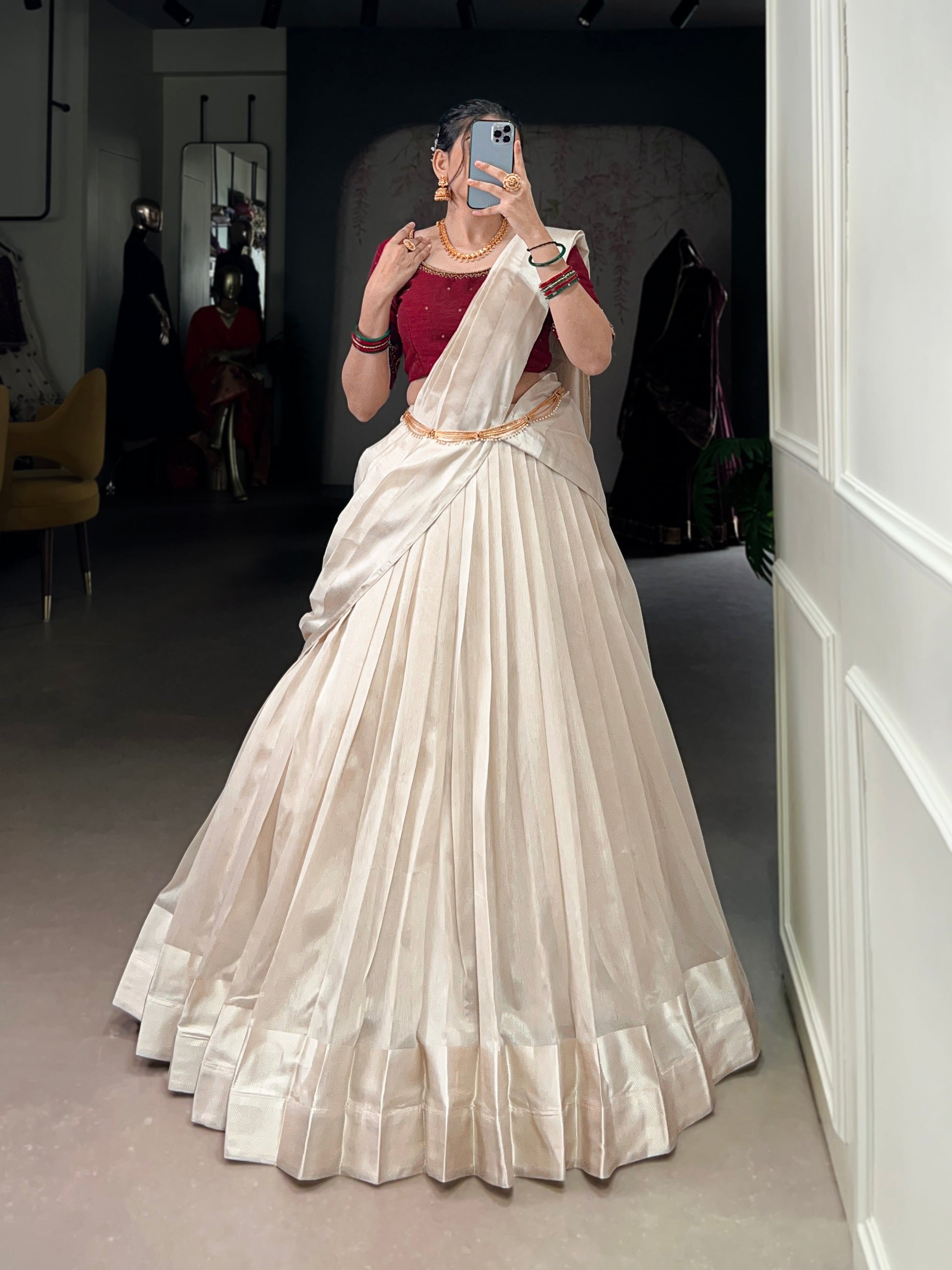 Lorenvalley Fashion White Poly Tasar Viscose Border Lehenga Choli with Dupatta | Swadesiicart
