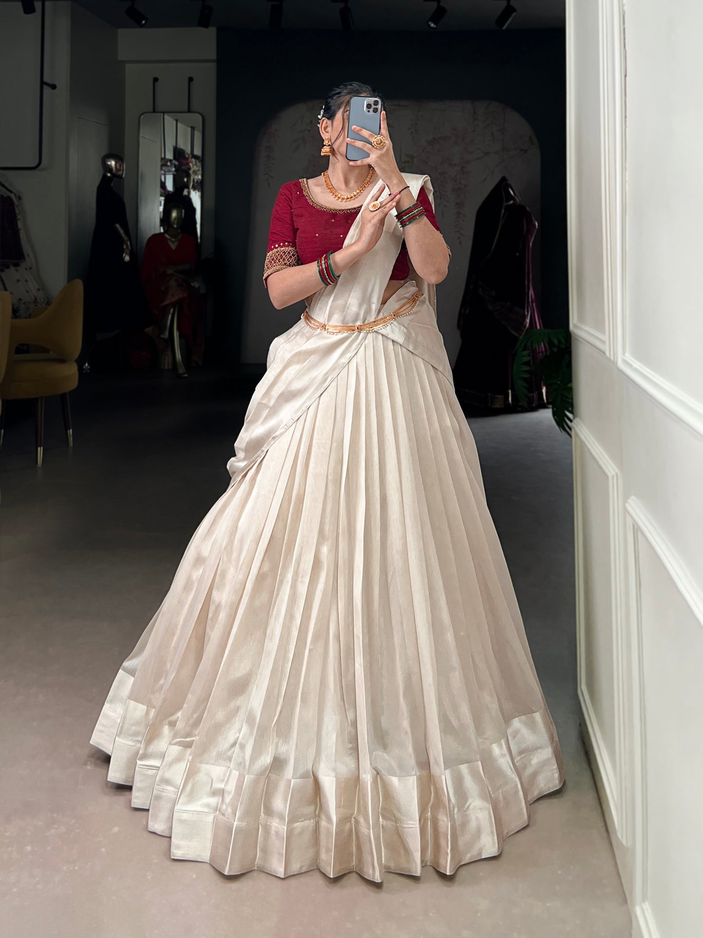 Lorenvalley Fashion White Poly Tasar Viscose Border Lehenga Choli with Dupatta | Swadesiicart