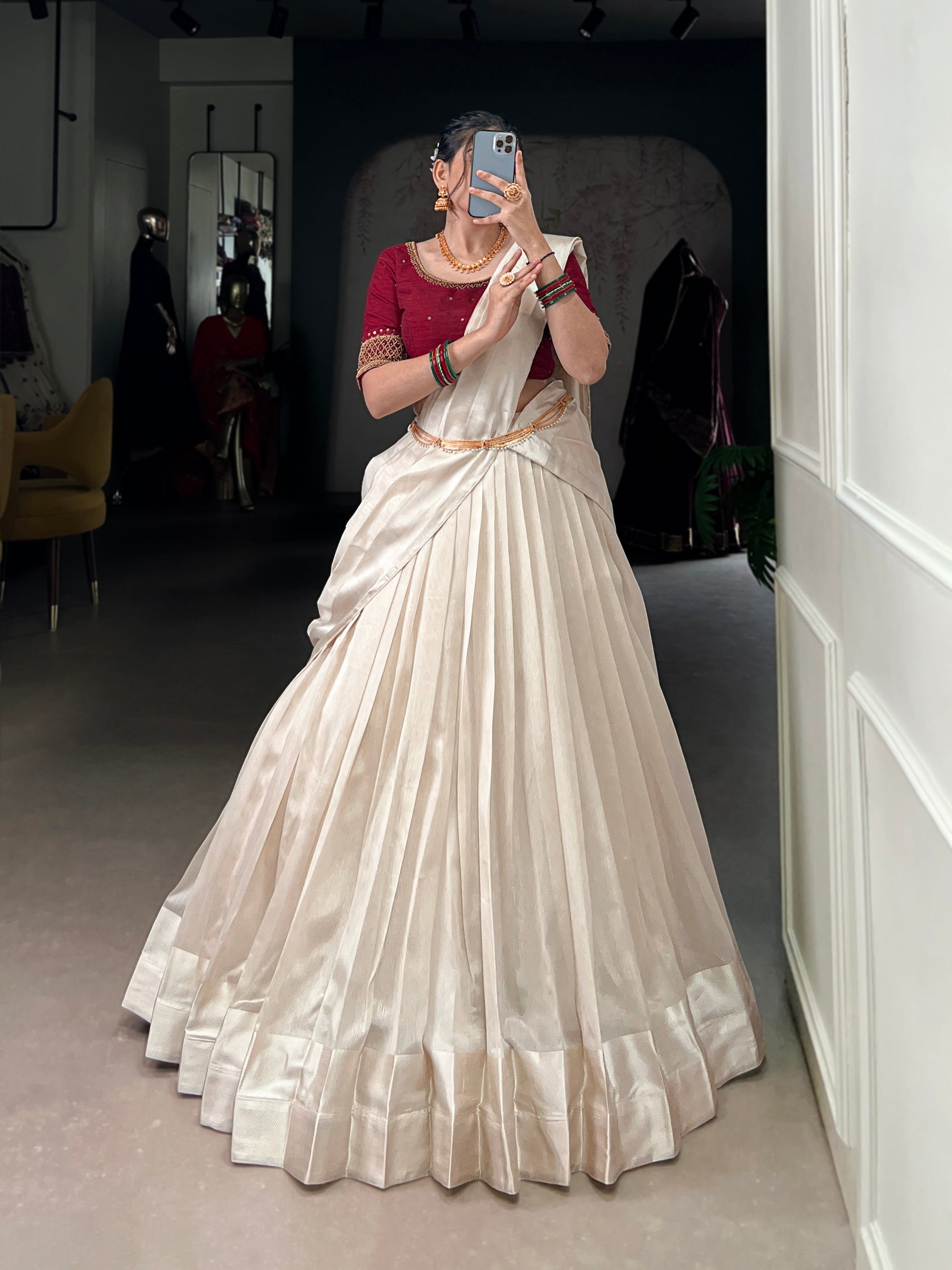 Lorenvalley Fashion White Poly Tasar Viscose Border Lehenga Choli with Dupatta | Swadesiicart
