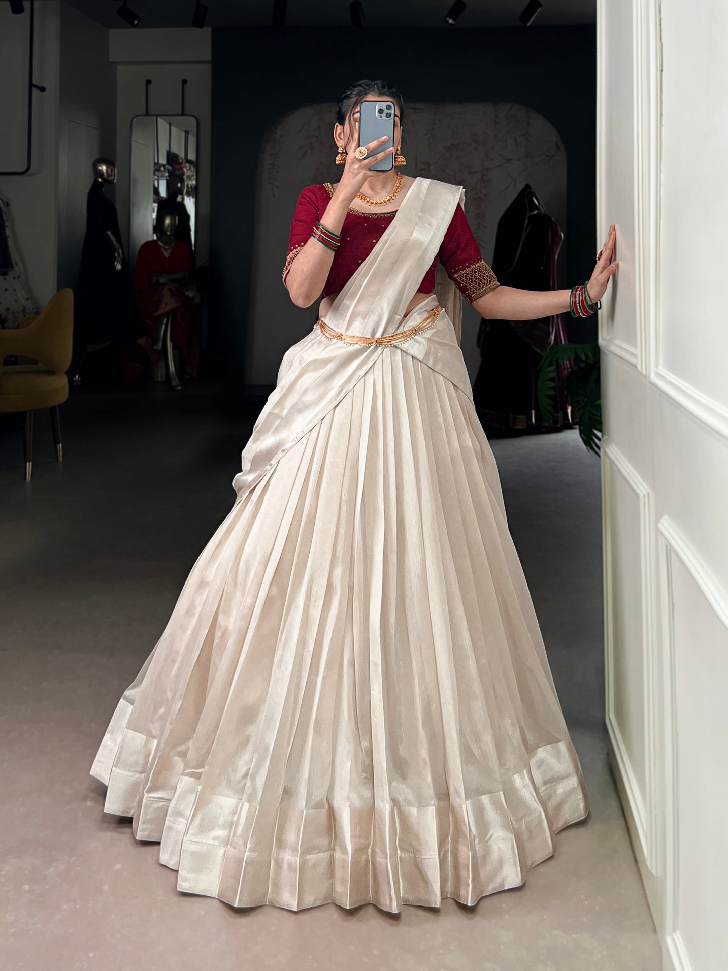 Lorenvalley Fashion White Poly Tasar Viscose Border Lehenga Choli with Dupatta | Swadesiicart