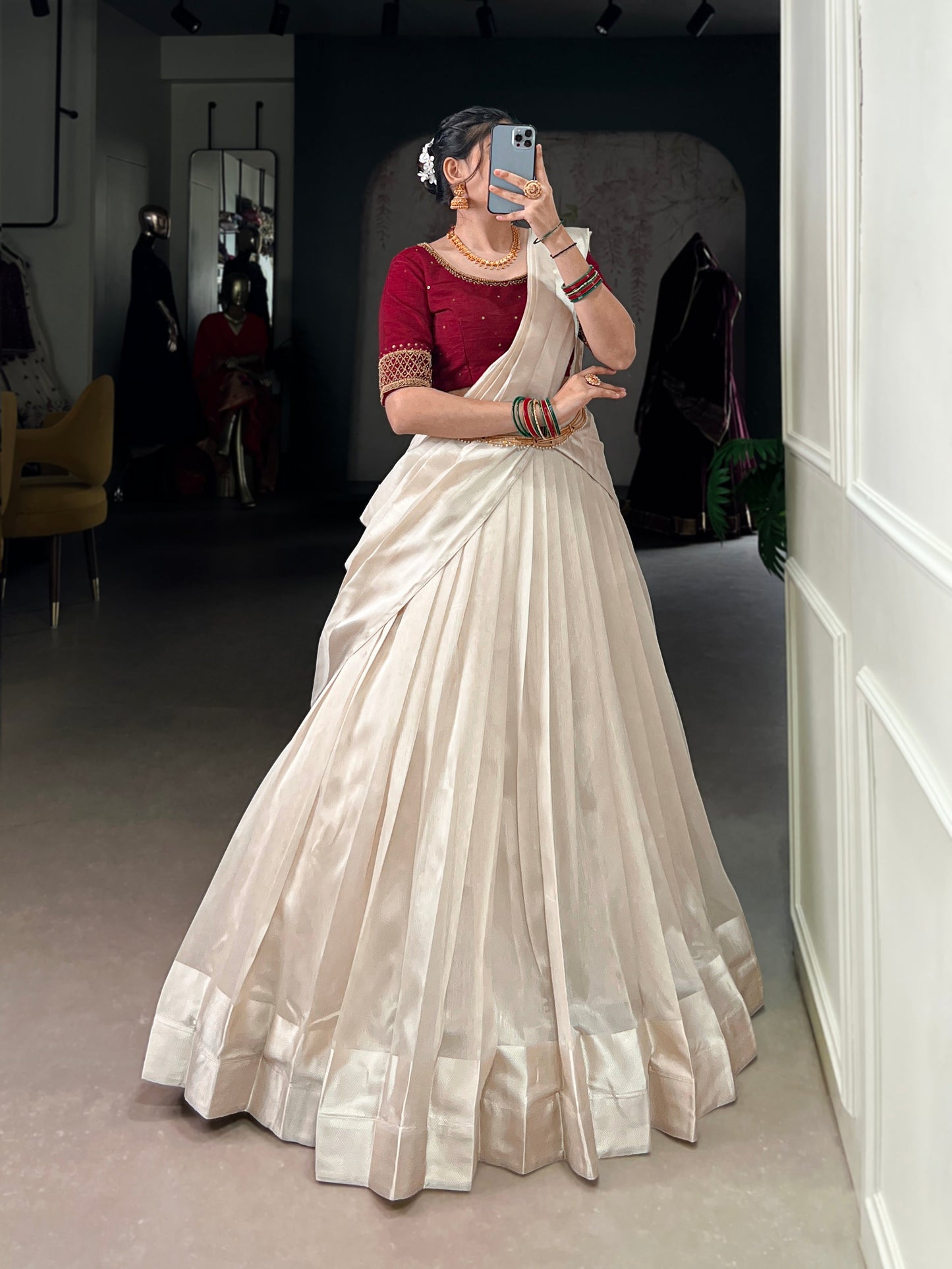 Lorenvalley Fashion White Poly Tasar Viscose Border Lehenga Choli with Dupatta | Swadesiicart