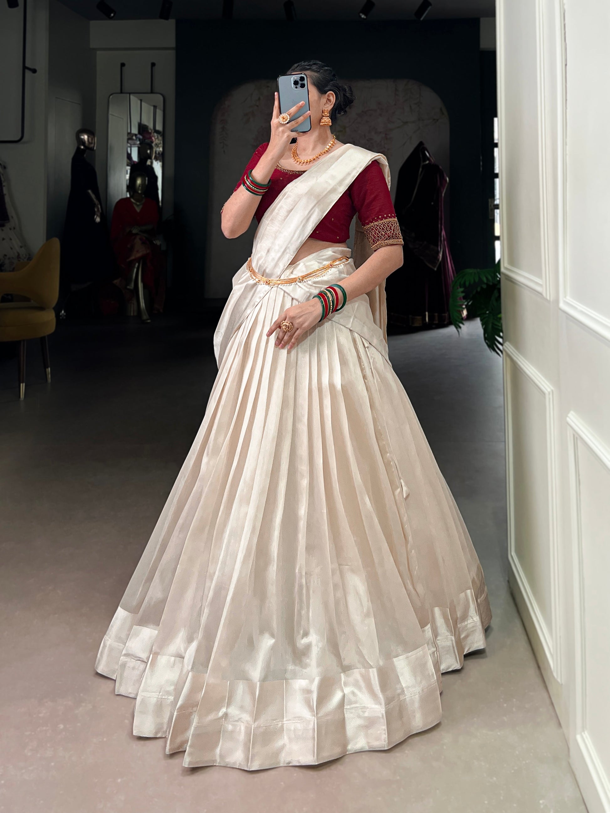 Lorenvalley Fashion White Poly Tasar Viscose Border Lehenga Choli with Dupatta | Swadesiicart