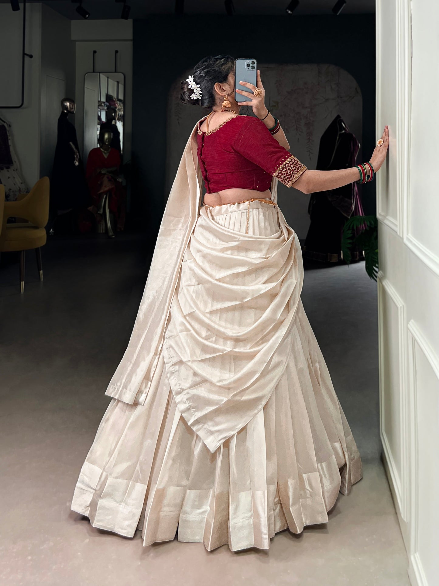 Lorenvalley Fashion White Poly Tasar Viscose Border Lehenga Choli with Dupatta | Swadesiicart