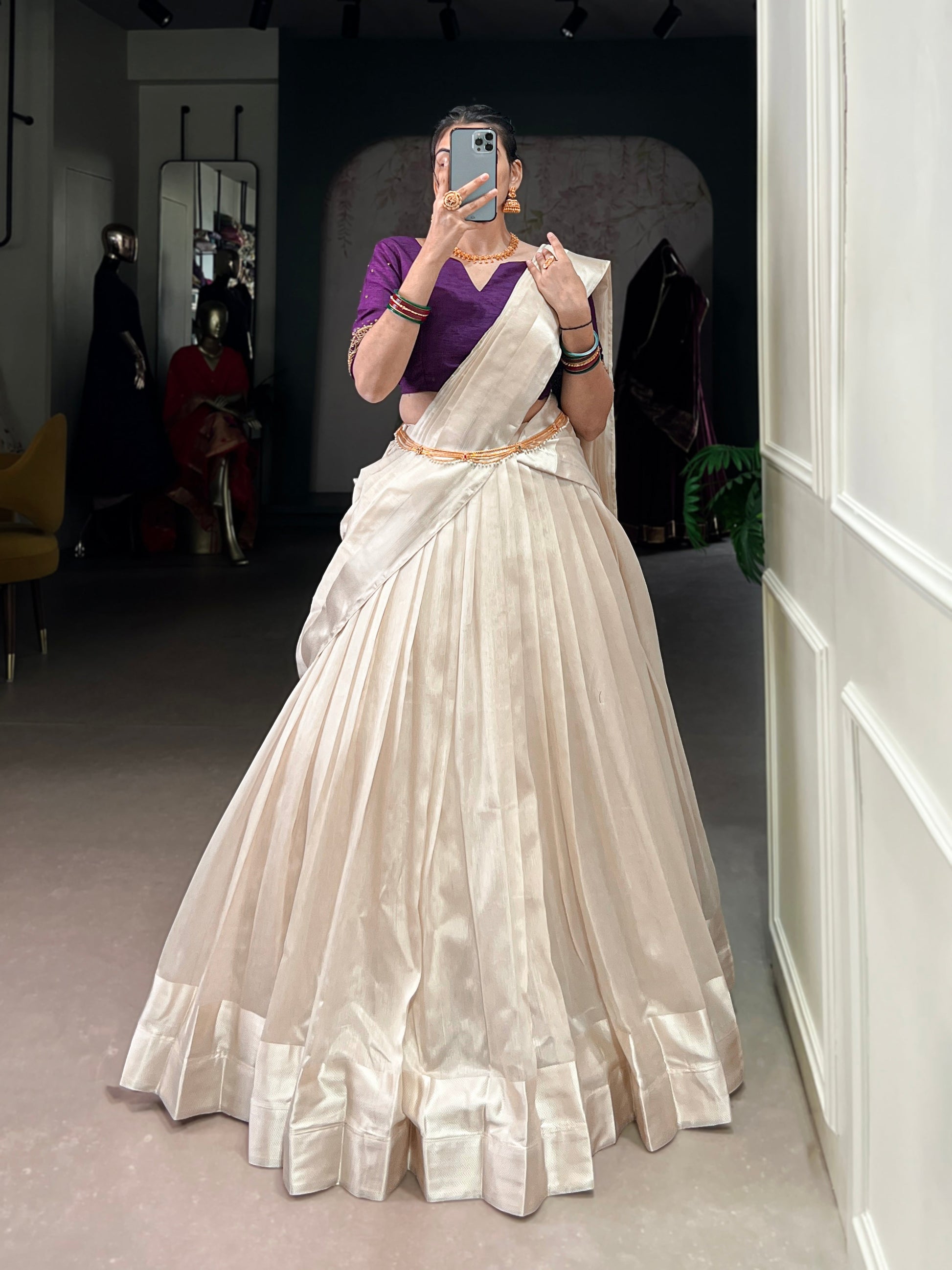 Lorenvalley Fashion White Poly Tasar Viscose Border Lehenga Choli with Dupatta | Swadesiicart