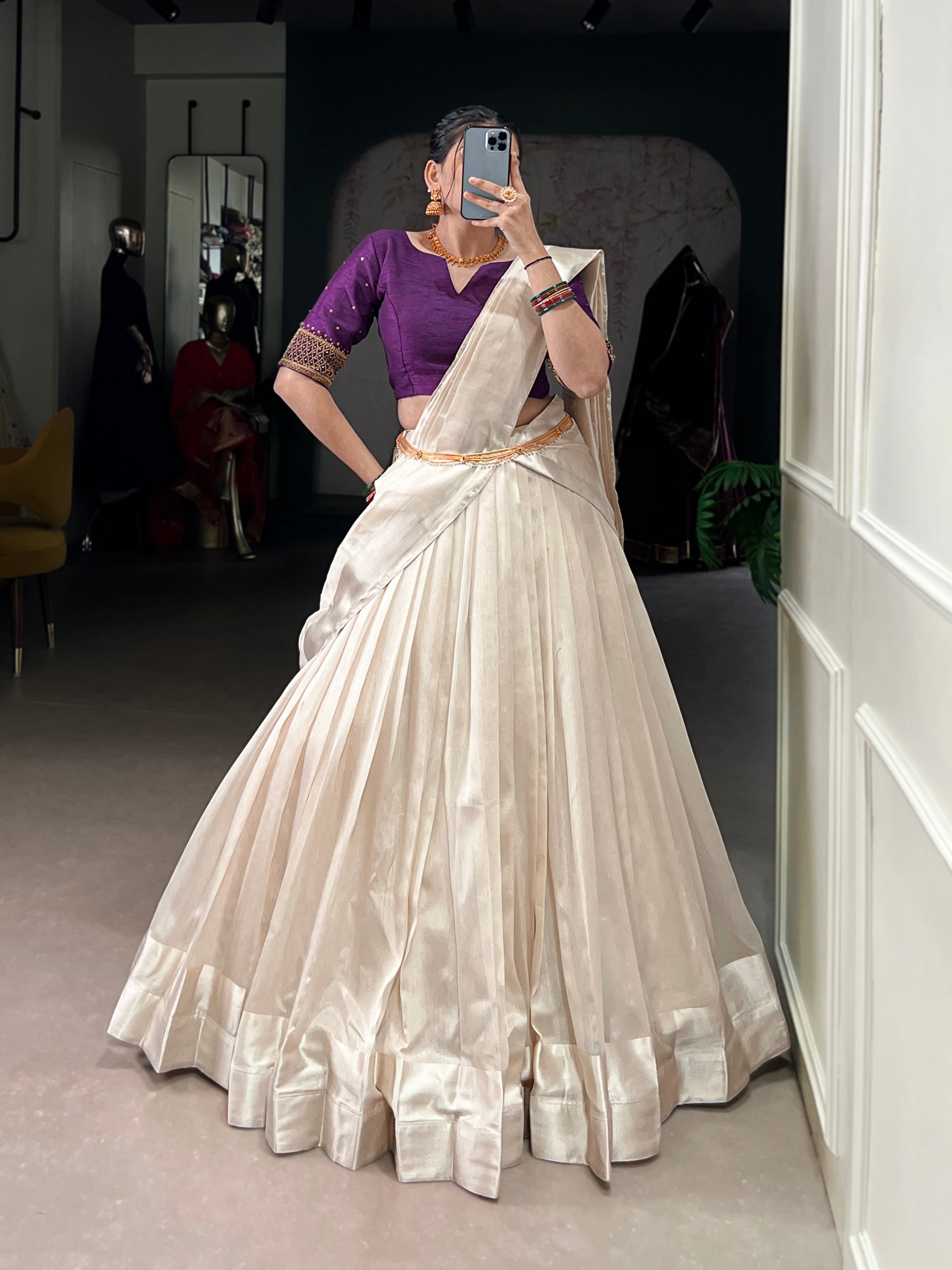 Lorenvalley Fashion White Poly Tasar Viscose Border Lehenga Choli with Dupatta | Swadesiicart