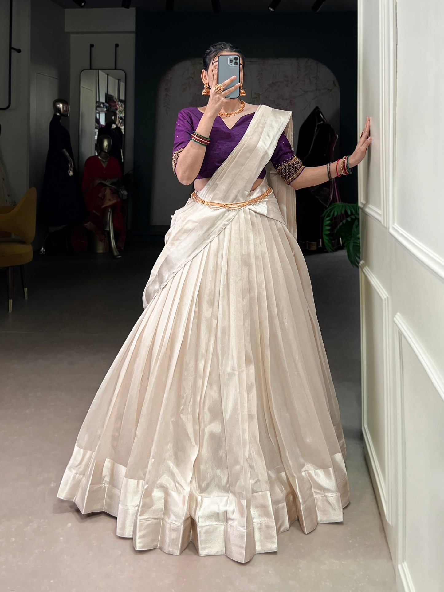 Lorenvalley Fashion White Poly Tasar Viscose Border Lehenga Choli with Dupatta | Swadesiicart