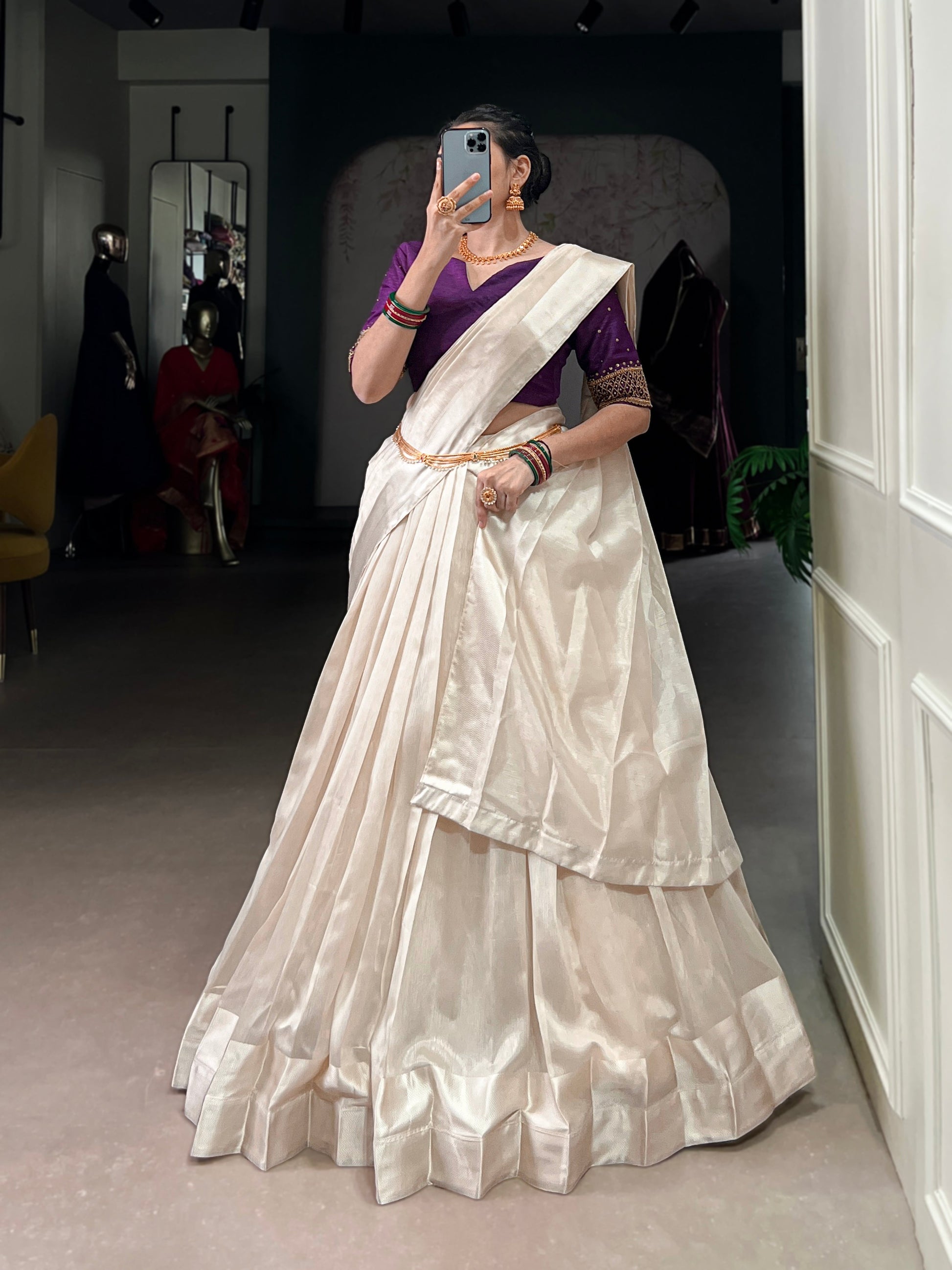 Lorenvalley Fashion White Poly Tasar Viscose Border Lehenga Choli with Dupatta | Swadesiicart