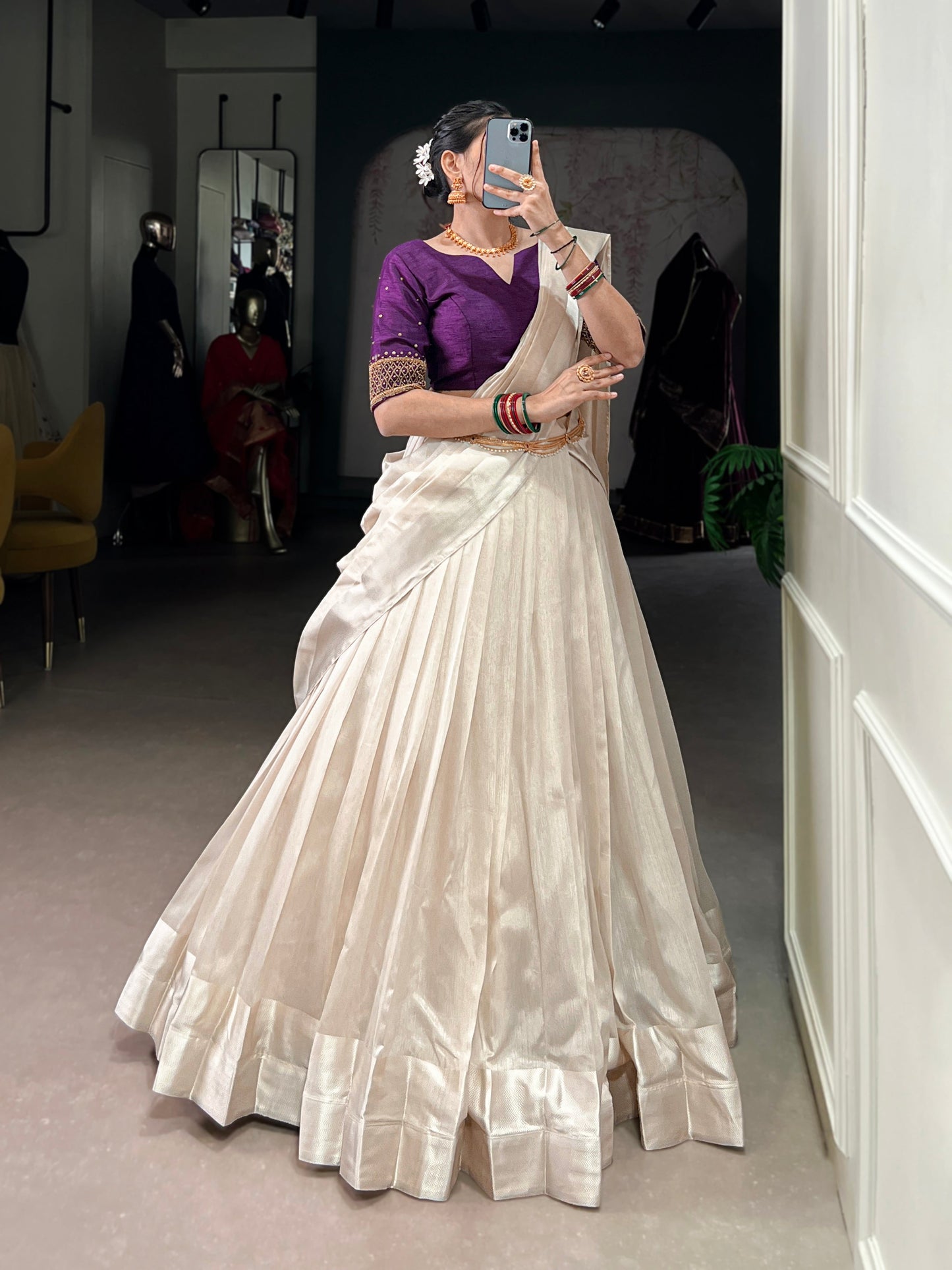 Lorenvalley Fashion White Poly Tasar Viscose Border Lehenga Choli with Dupatta | Swadesiicart