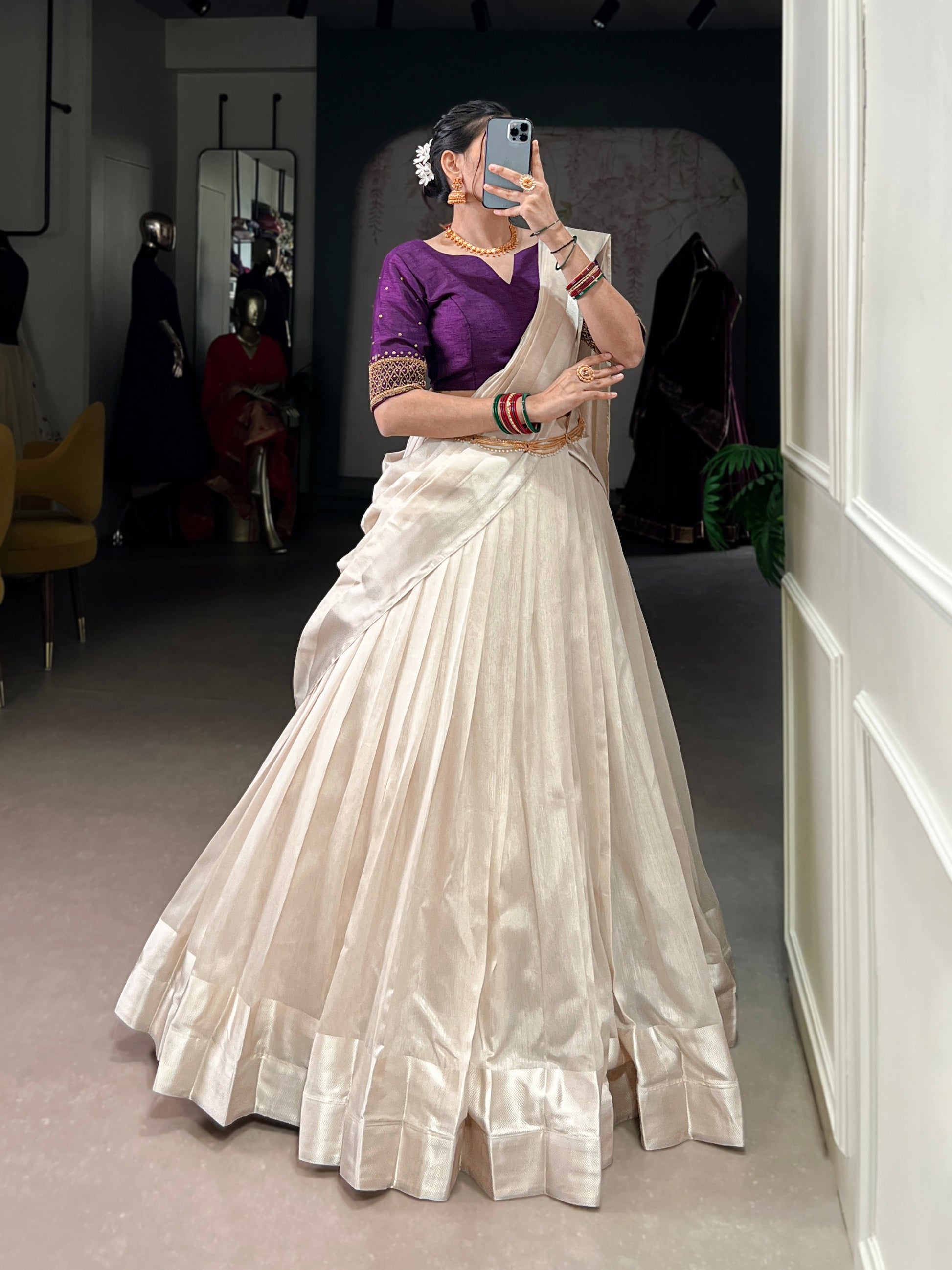 Lorenvalley Fashion White Poly Tasar Viscose Border Lehenga Choli with Dupatta | Swadesiicart