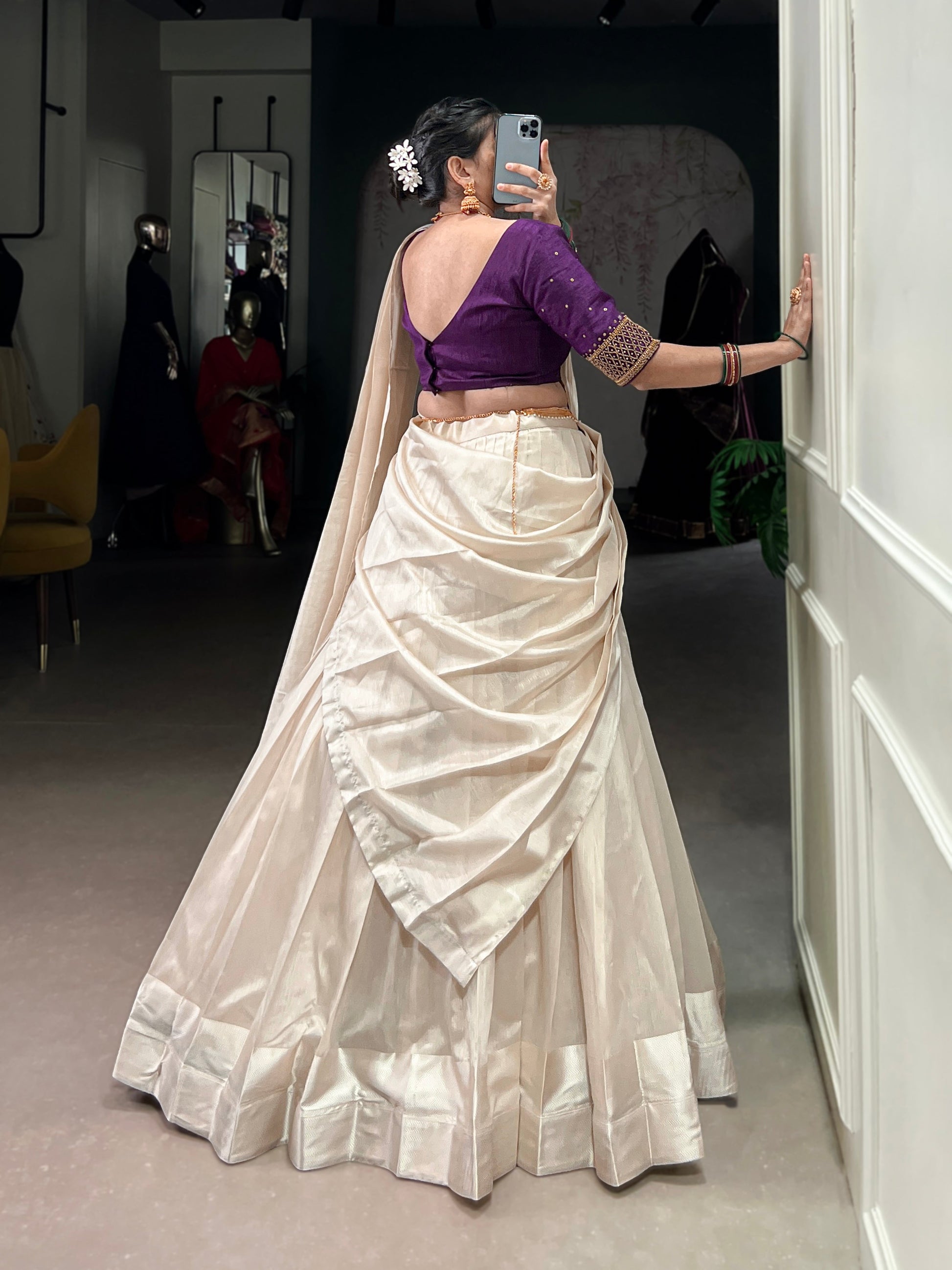 Lorenvalley Fashion White Poly Tasar Viscose Border Lehenga Choli with Dupatta | Swadesiicart