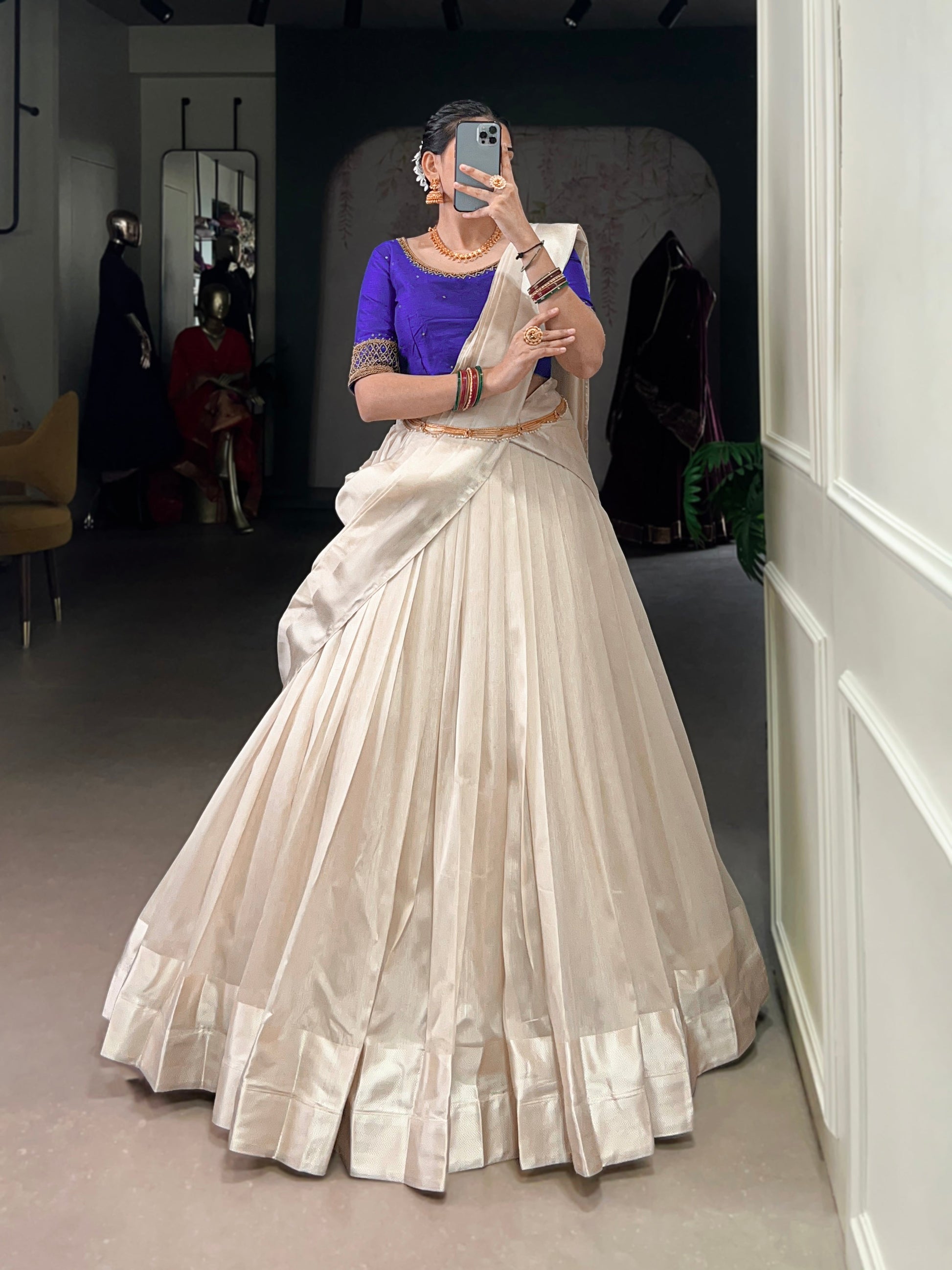 Lorenvalley Fashion White Poly Tasar Viscose Border Lehenga Choli with Dupatta | Swadesiicart