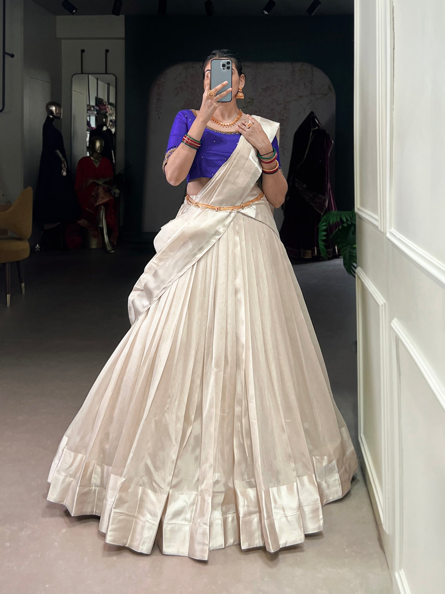 Lorenvalley Fashion White Poly Tasar Viscose Border Lehenga Choli with Dupatta | Swadesiicart