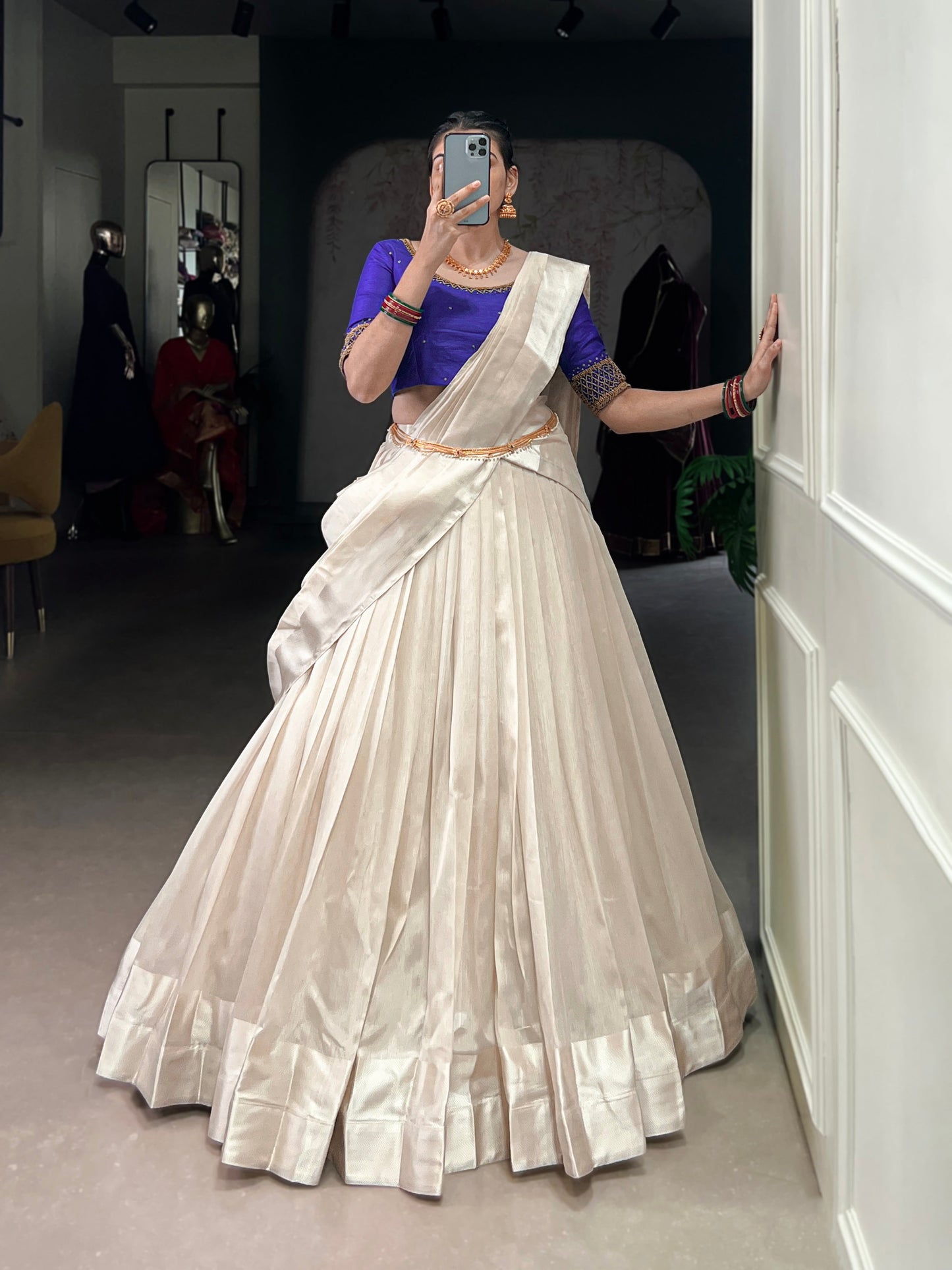 Lorenvalley Fashion White Poly Tasar Viscose Border Lehenga Choli with Dupatta | Swadesiicart