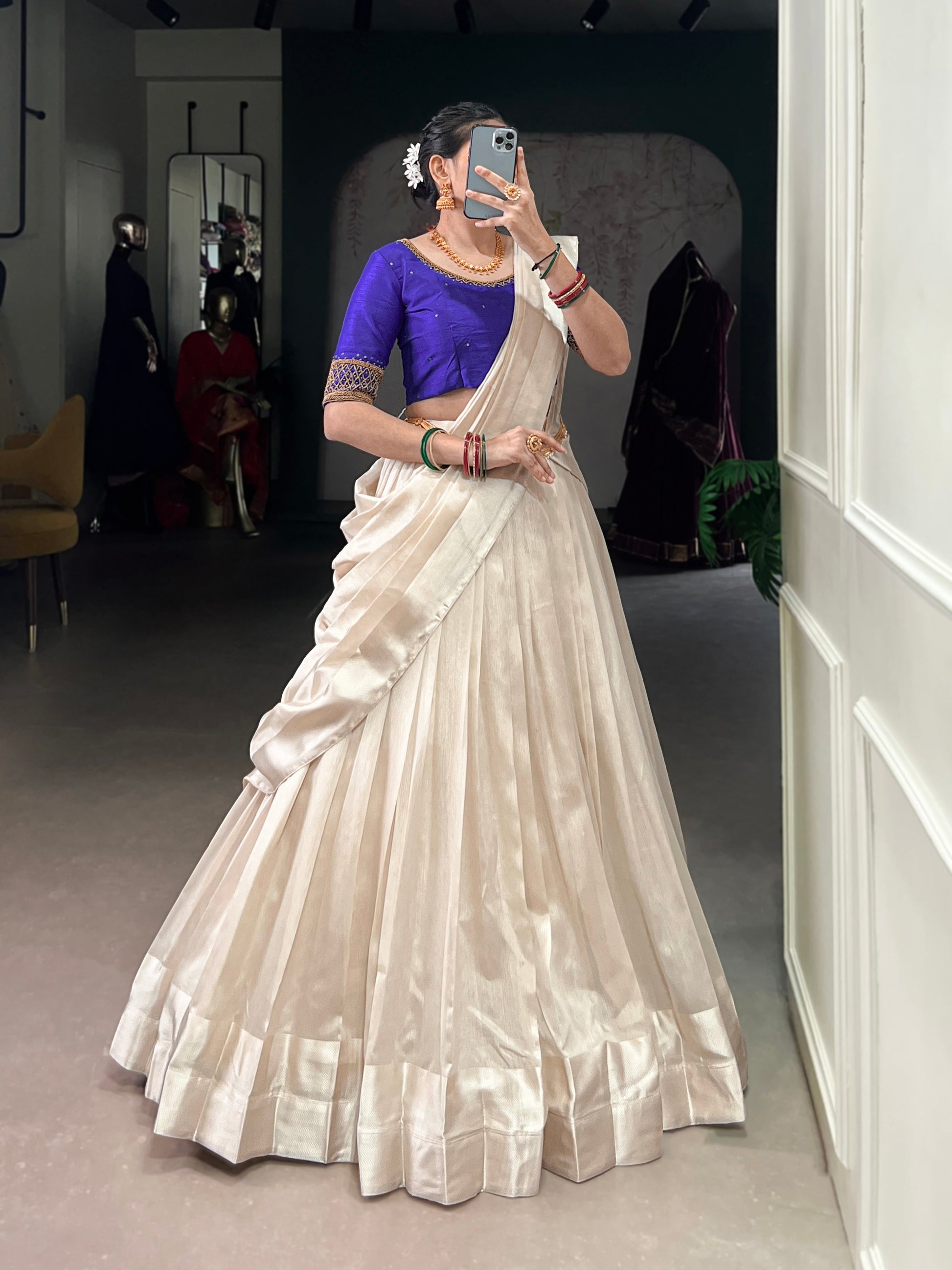 Lorenvalley Fashion White Poly Tasar Viscose Border Lehenga Choli with Dupatta | Swadesiicart
