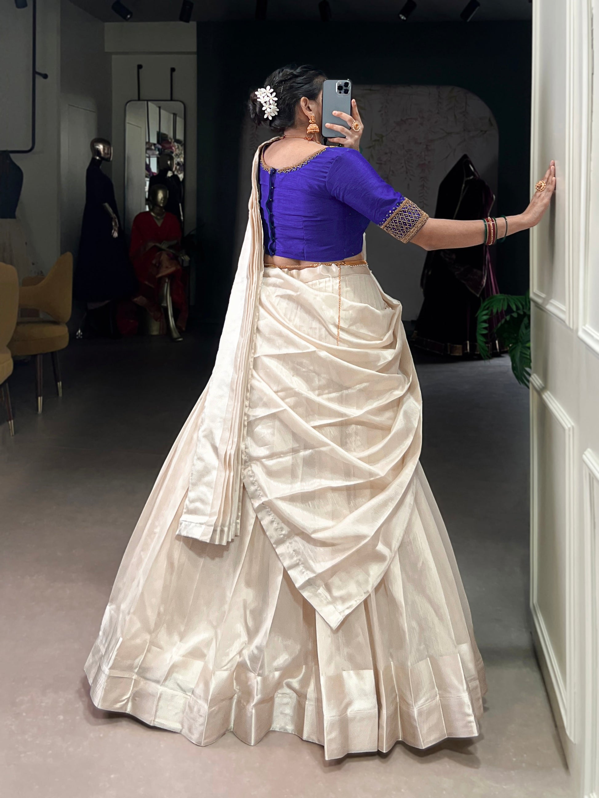 Lorenvalley Fashion White Poly Tasar Viscose Border Lehenga Choli with Dupatta | Swadesiicart