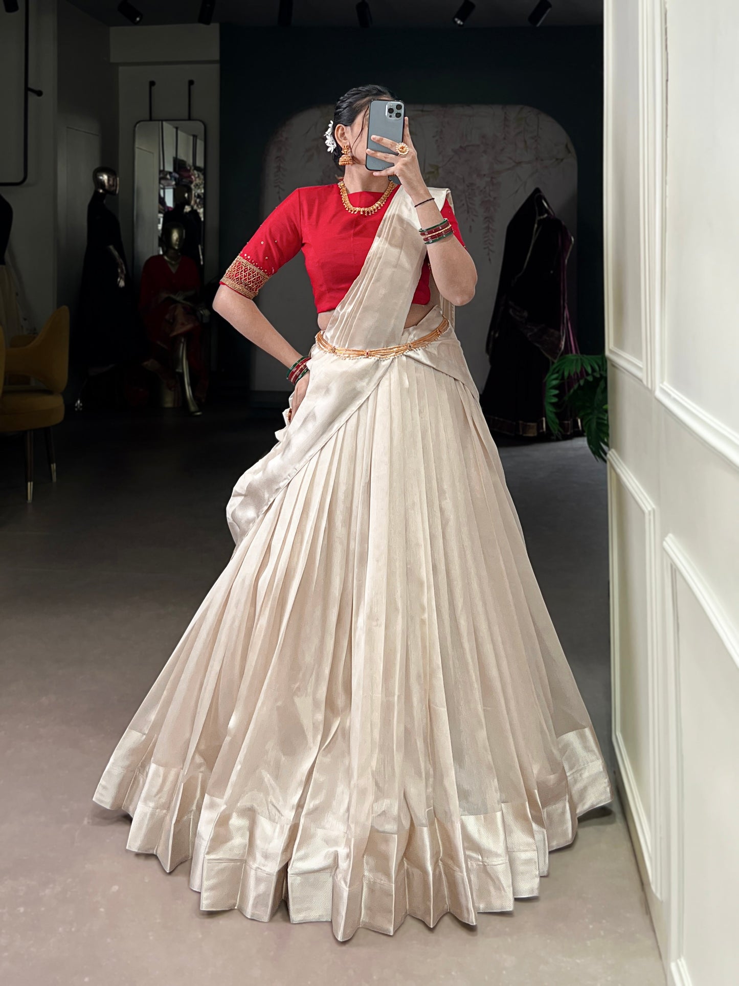 Lorenvalley Fashion White Poly Tasar Viscose Border Lehenga Choli with Dupatta | Swadesiicart