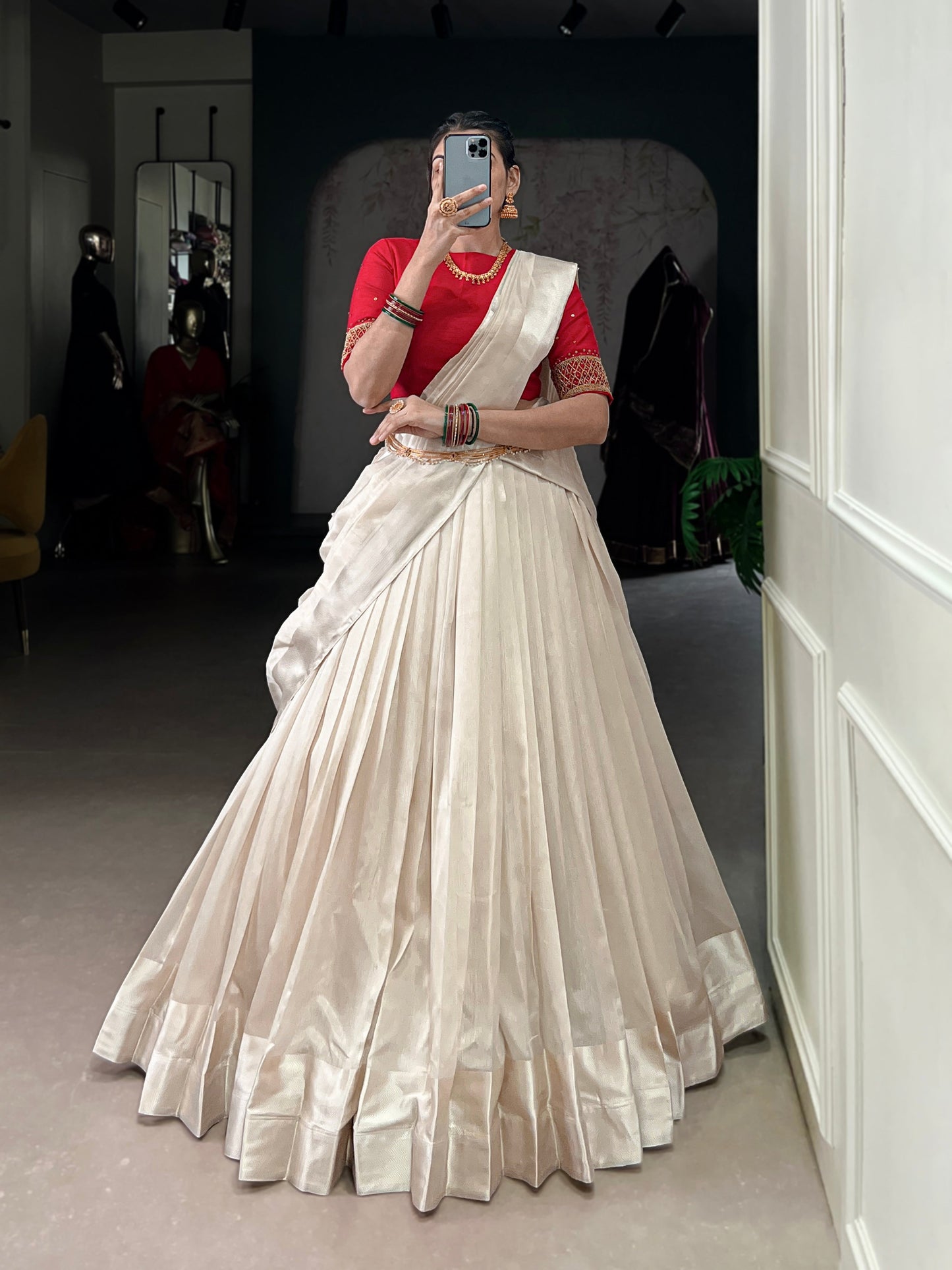 Lorenvalley Fashion White Poly Tasar Viscose Border Lehenga Choli with Dupatta | Swadesiicart