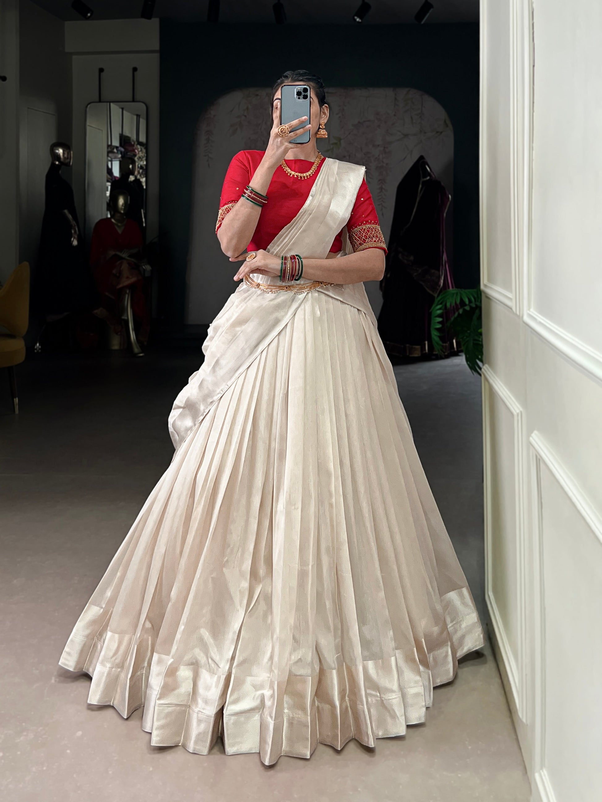 Lorenvalley Fashion White Poly Tasar Viscose Border Lehenga Choli with Dupatta | Swadesiicart