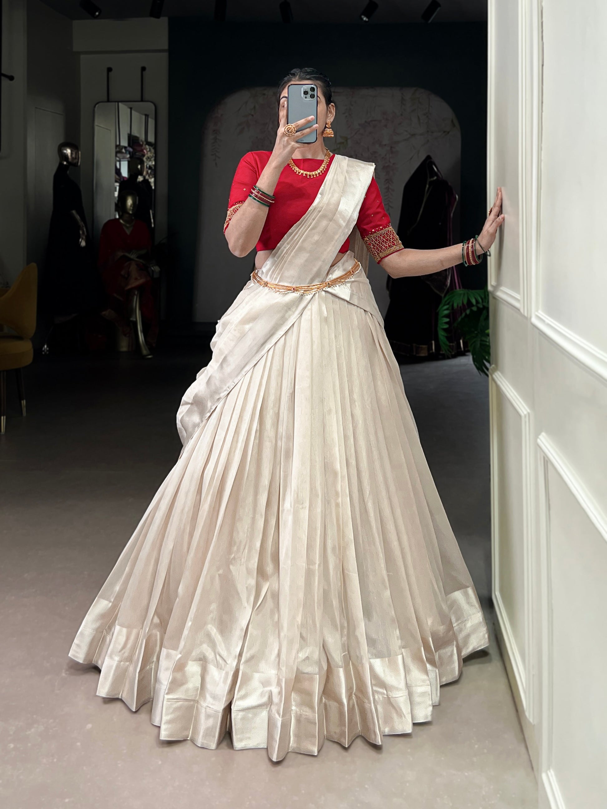 Lorenvalley Fashion White Poly Tasar Viscose Border Lehenga Choli with Dupatta | Swadesiicart