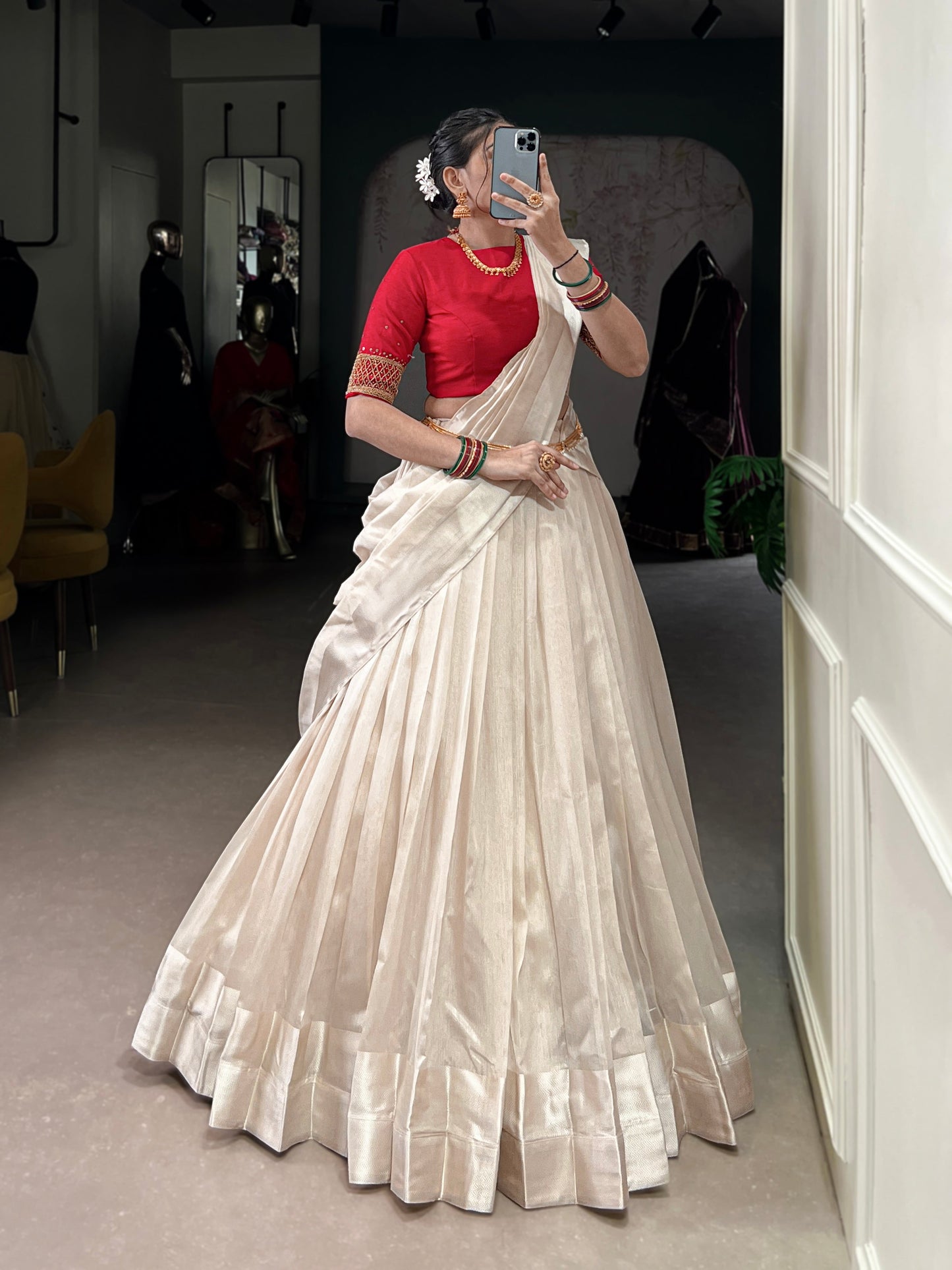 Lorenvalley Fashion White Poly Tasar Viscose Border Lehenga Choli with Dupatta | Swadesiicart