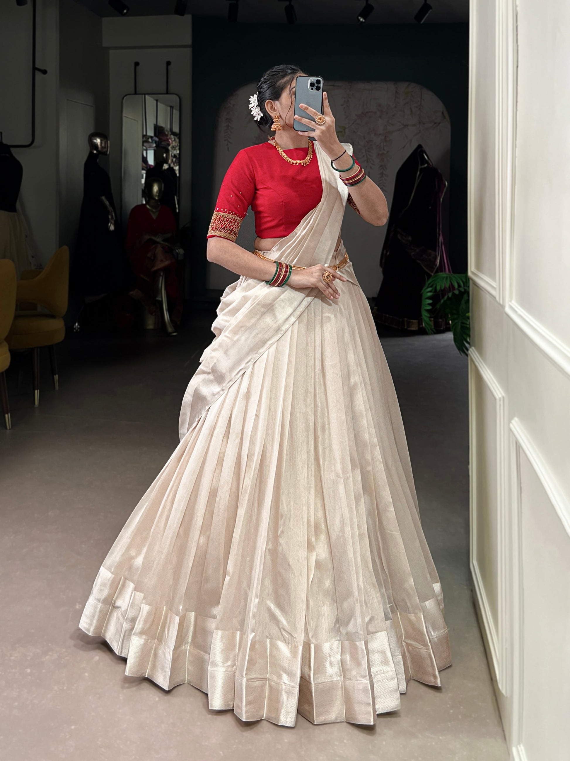 Lorenvalley Fashion White Poly Tasar Viscose Border Lehenga Choli with Dupatta | Swadesiicart