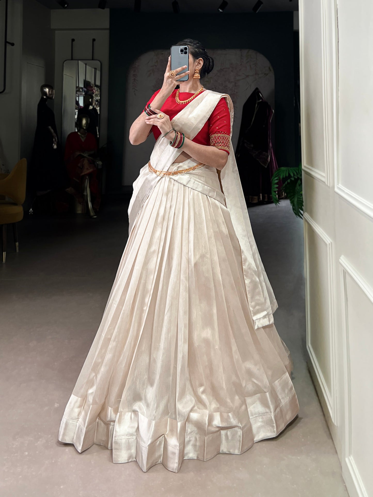 Lorenvalley Fashion White Poly Tasar Viscose Border Lehenga Choli with Dupatta | Swadesiicart