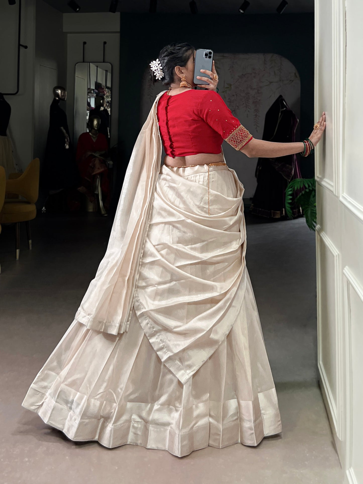 Lorenvalley Fashion White Poly Tasar Viscose Border Lehenga Choli with Dupatta | Swadesiicart
