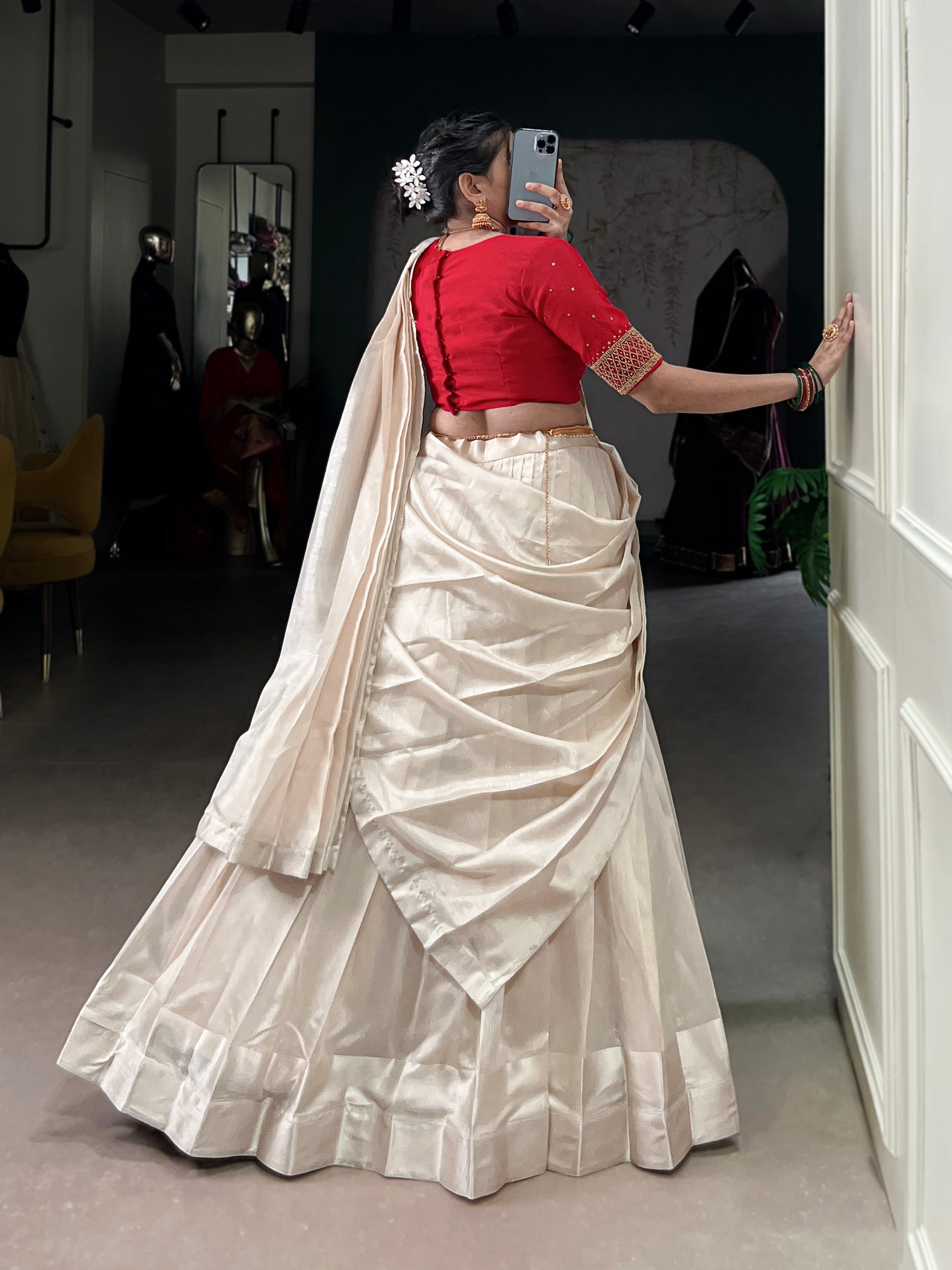 Lorenvalley Fashion White Poly Tasar Viscose Border Lehenga Choli with Dupatta | Swadesiicart