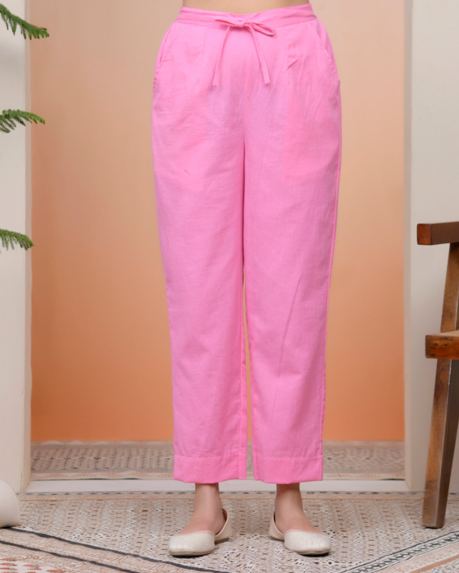 Vaasva Women Pink Cotton Flax Solid Straight Pants | Swadesiicart