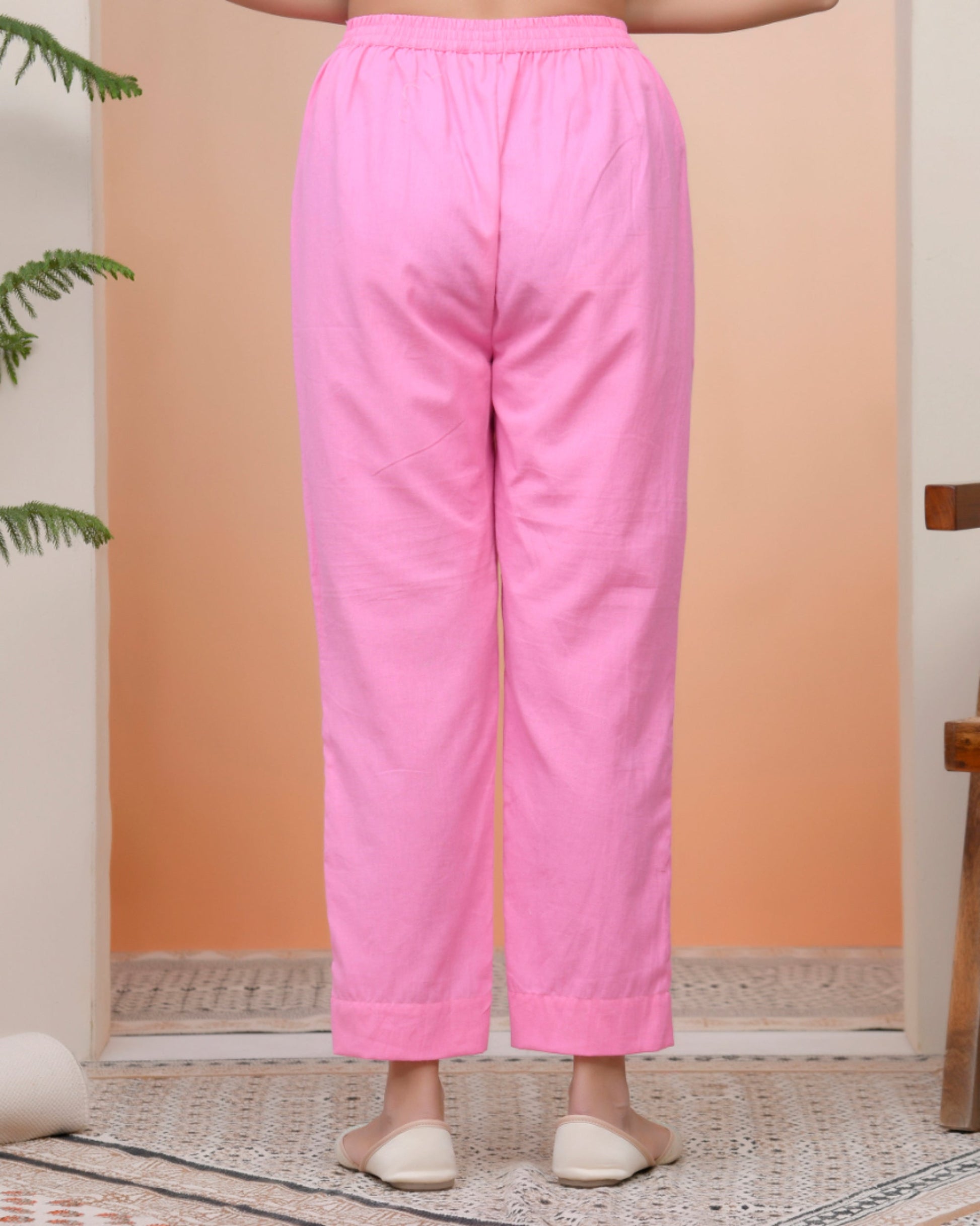 Vaasva Women Pink Cotton Flax Solid Straight Pants | Swadesiicart