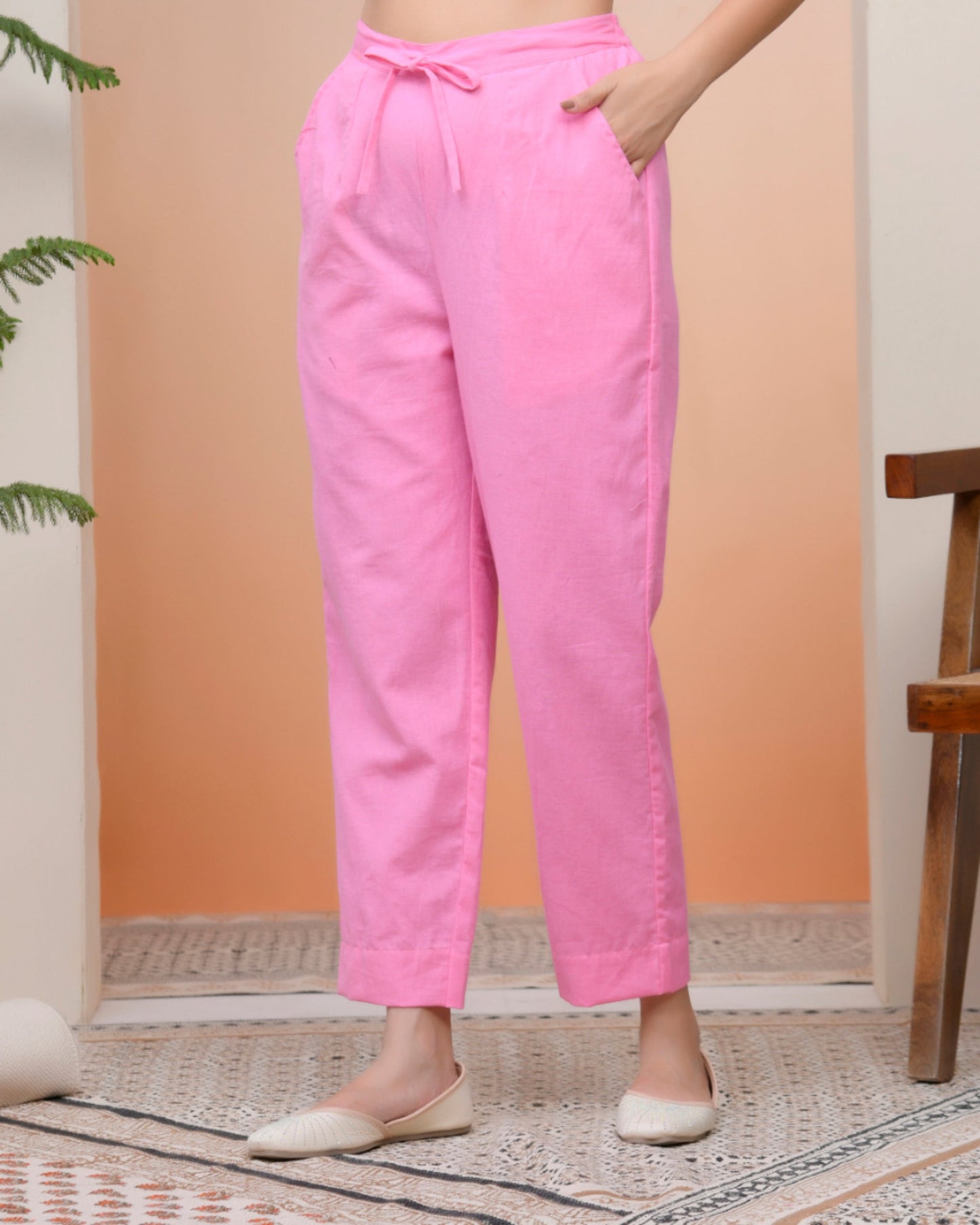 Vaasva Women Pink Cotton Flax Solid Straight Pants | Swadesiicart