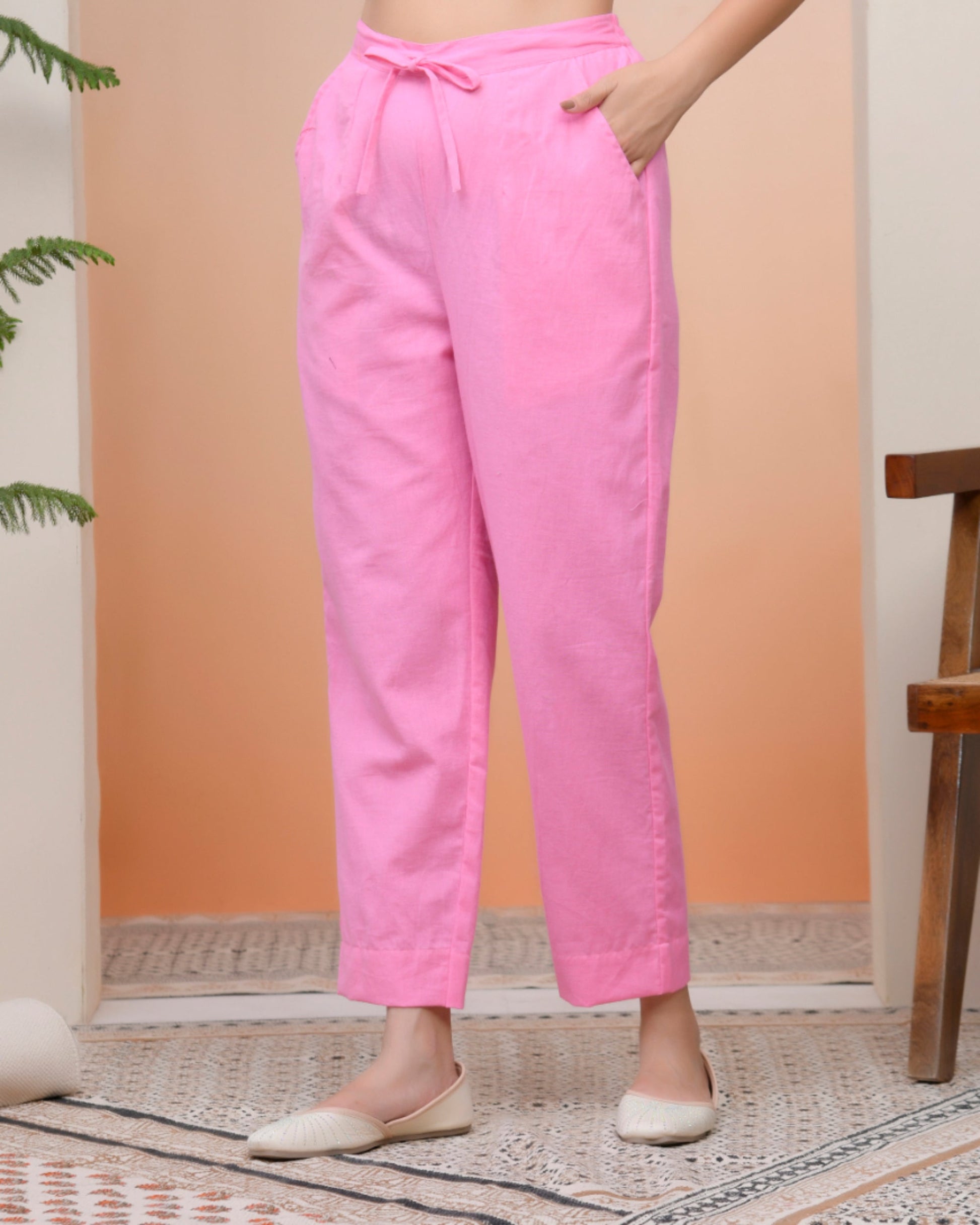 Vaasva Women Pink Cotton Flax Solid Straight Pants | Swadesiicart