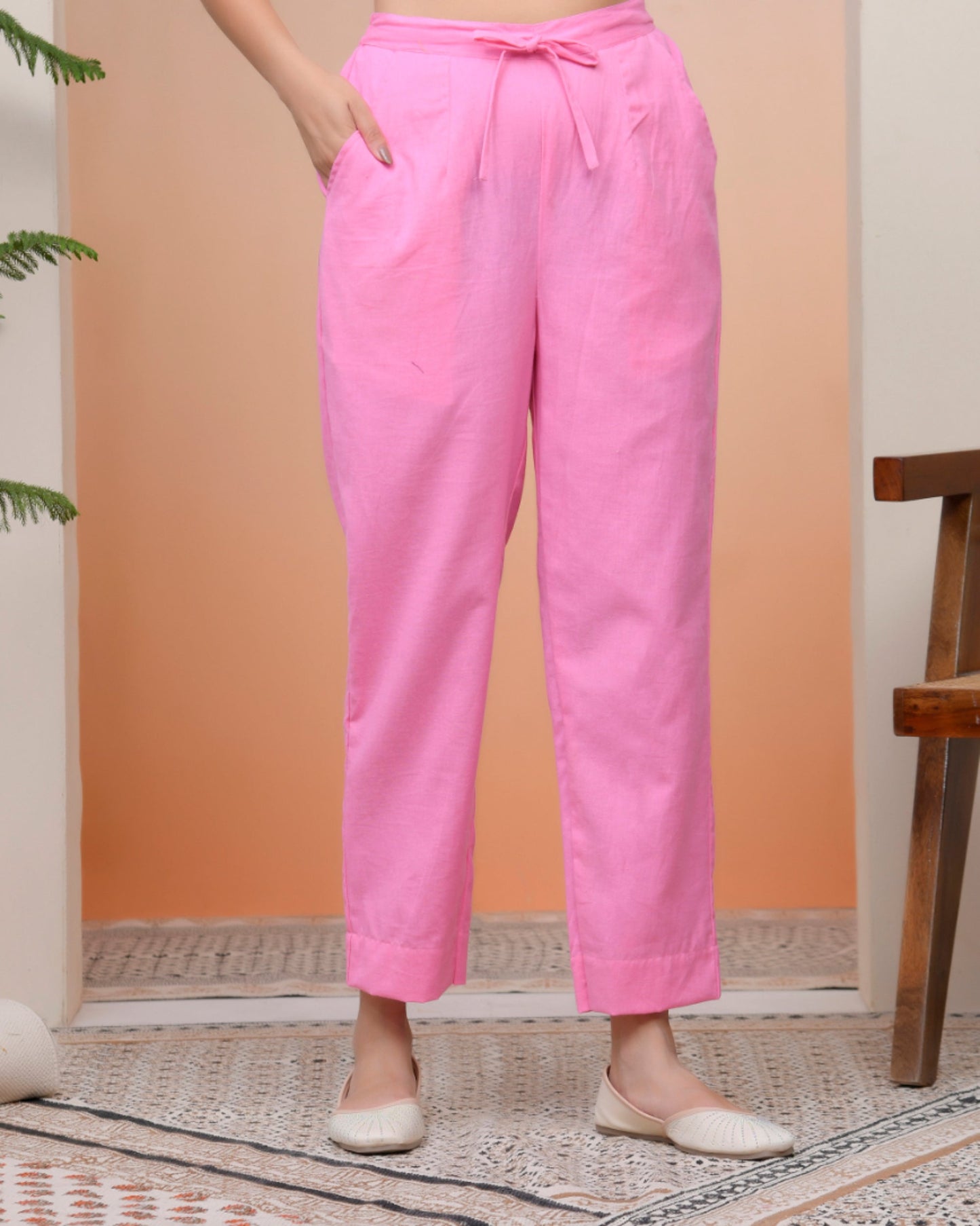 Vaasva Women Pink Cotton Flax Solid Straight Pants | Swadesiicart