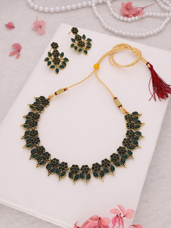 Tehzeeb Creations Green Colour Gold Pleated Stone Studded Necklace With Earrings - Swadesiicart