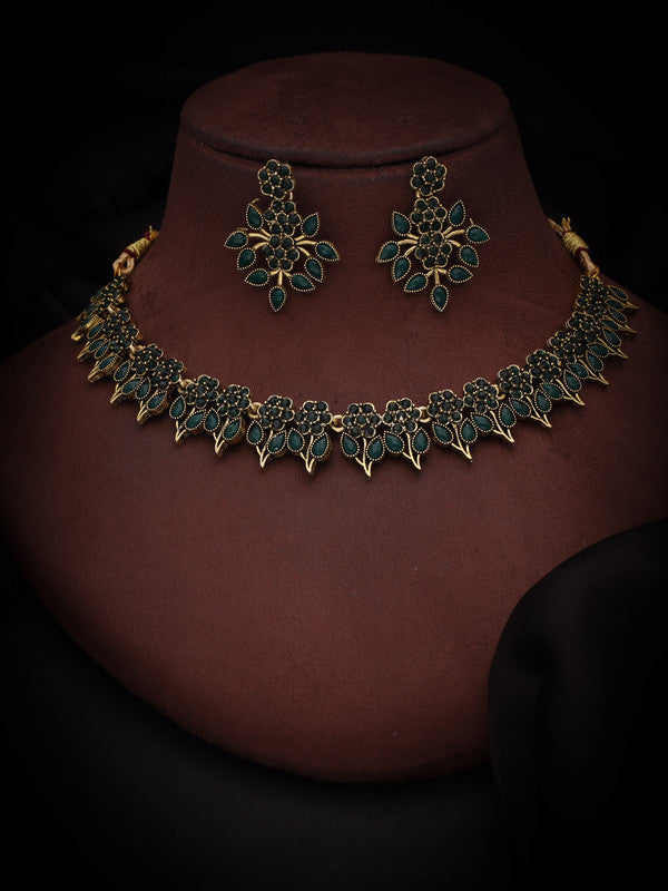 Tehzeeb Creations Green Colour Gold Pleated Stone Studded Necklace With Earrings - Swadesiicart