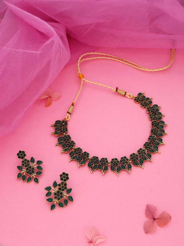 Tehzeeb Creations Green Colour Gold Pleated Stone Studded Necklace With Earrings - Swadesiicart