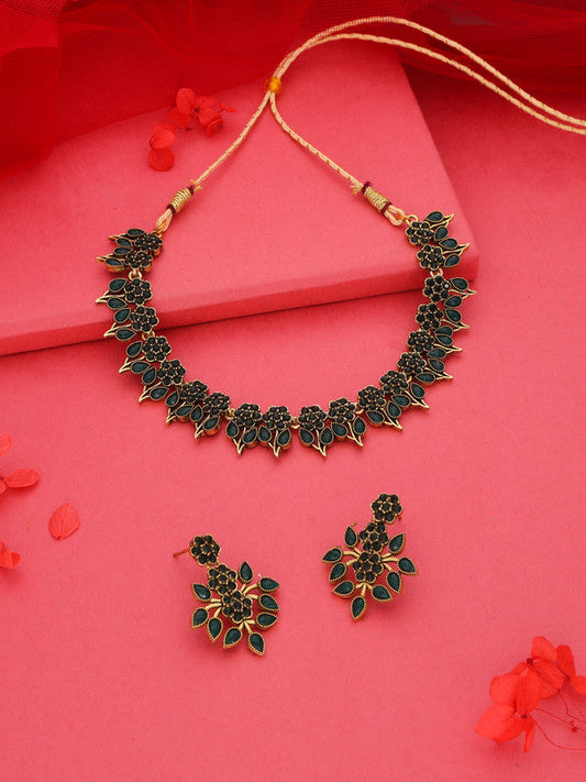 Tehzeeb Creations Green Colour Gold Pleated Stone Studded Necklace With Earrings - Swadesiicart