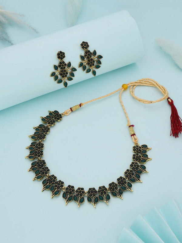Tehzeeb Creations Green Colour Gold Pleated Stone Studded Necklace With Earrings - Swadesiicart