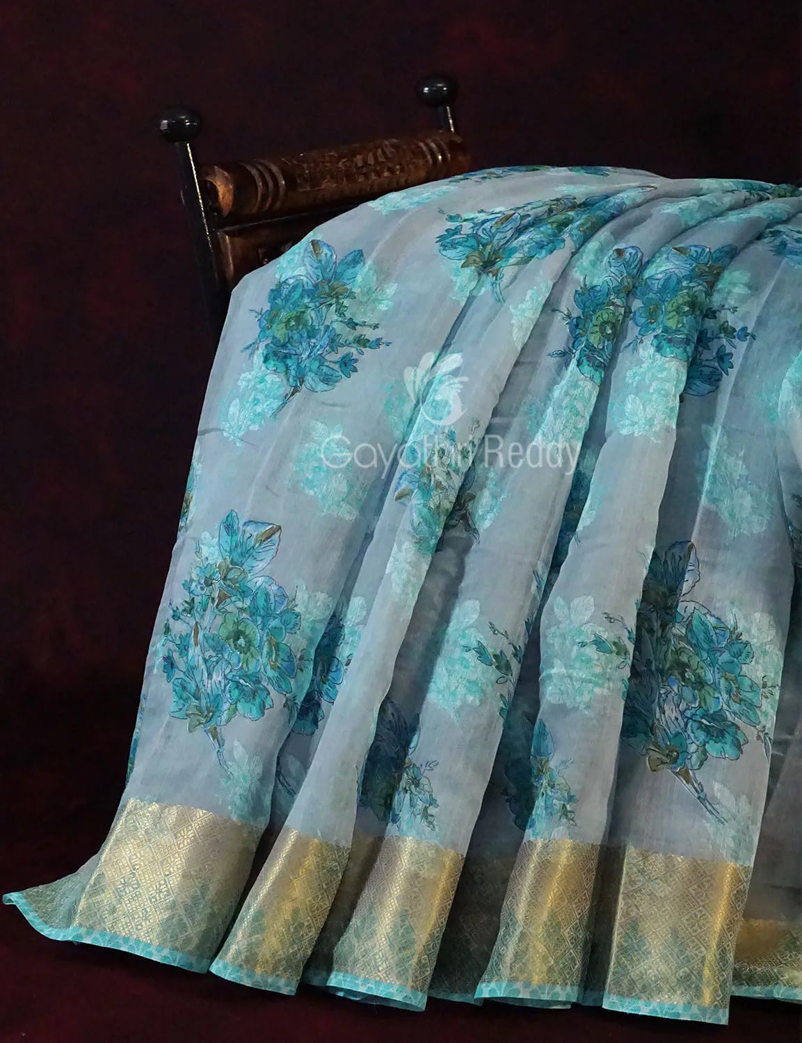 Pastel Blue Colour Floral All Over Print Semi Chanderi Saree By Gayathri Reddy Designer Studio | Swadesiicart