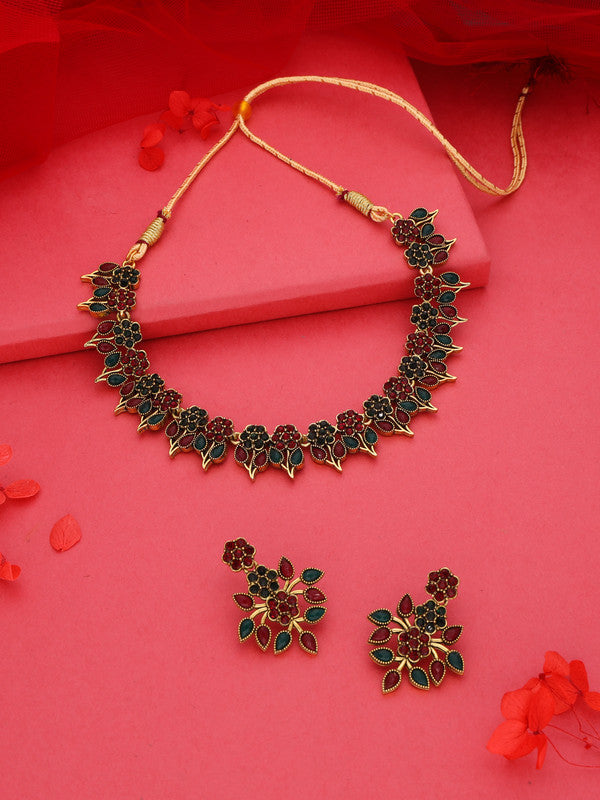 Tehzeeb Creations Green & Maroon Colour Gold Pleated Stone Studded Necklace With Earrings - Swadesiicart