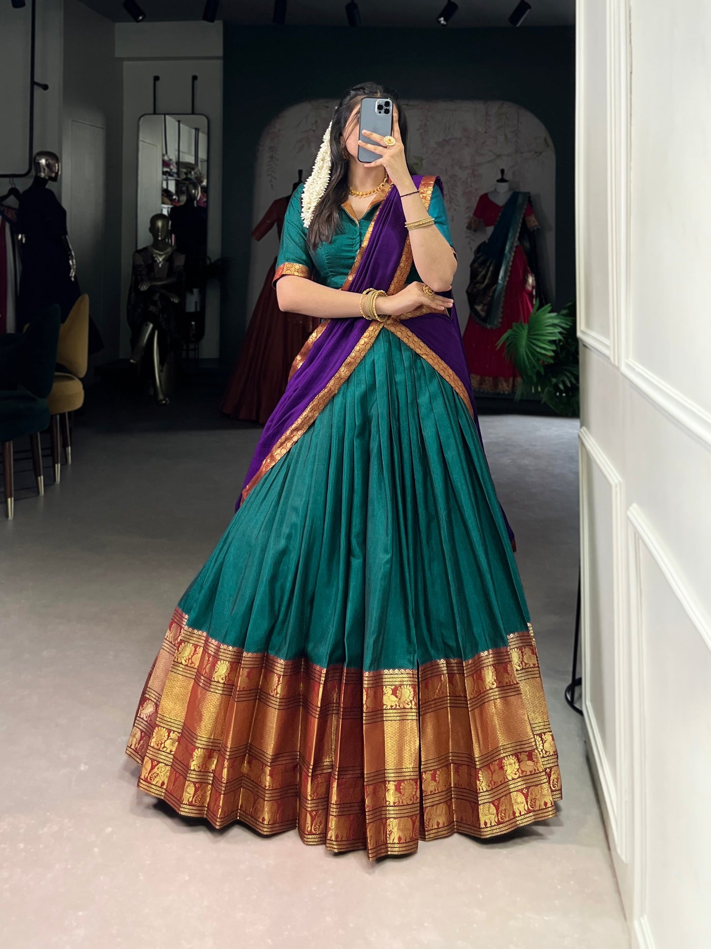 Lorenvalley Fashion Firozi Narayan Pet Silk Zari Weaving Work Lehenga Choli with Dupatta | Swadesiicart