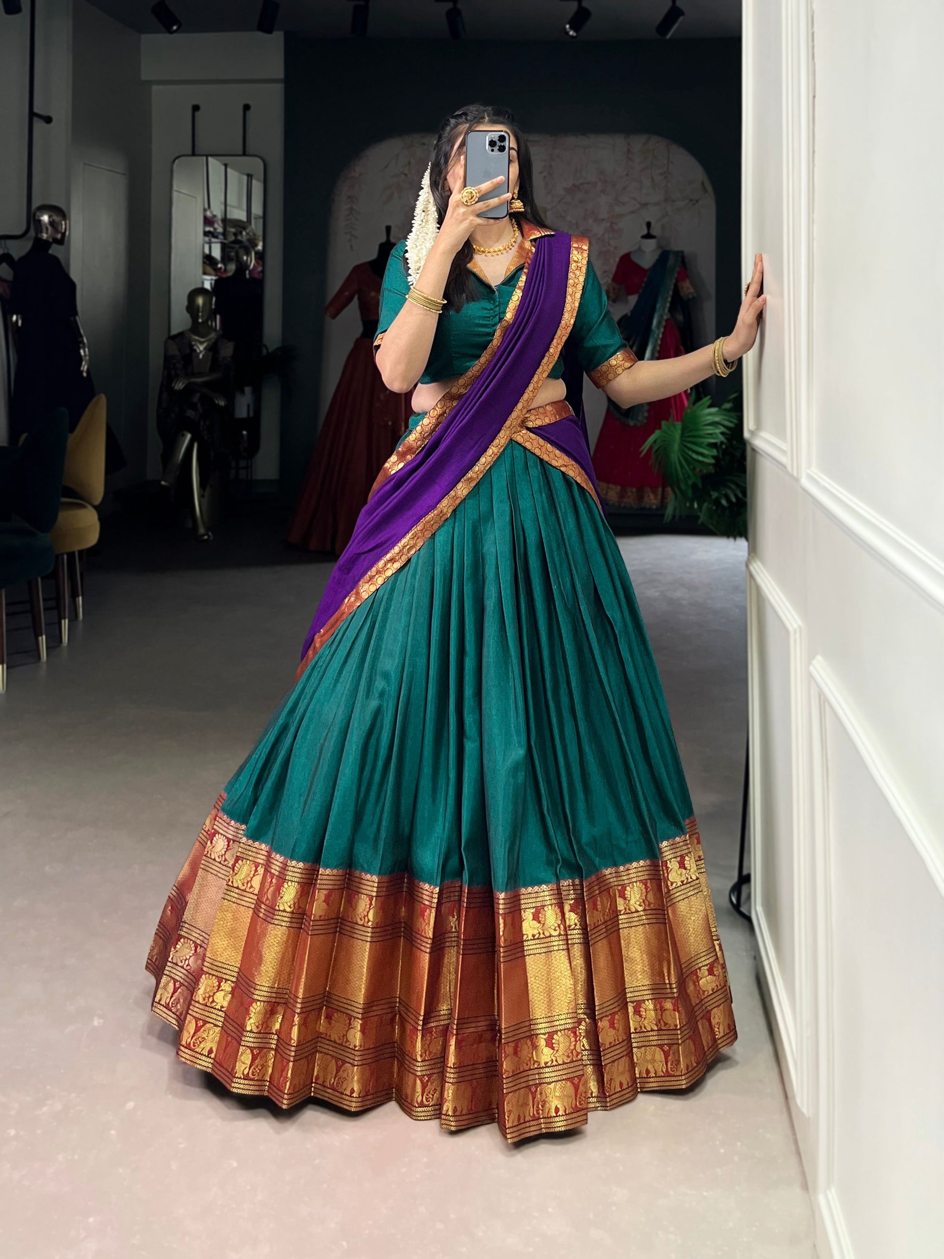 Lorenvalley Fashion Firozi Narayan Pet Silk Zari Weaving Work Lehenga Choli with Dupatta | Swadesiicart
