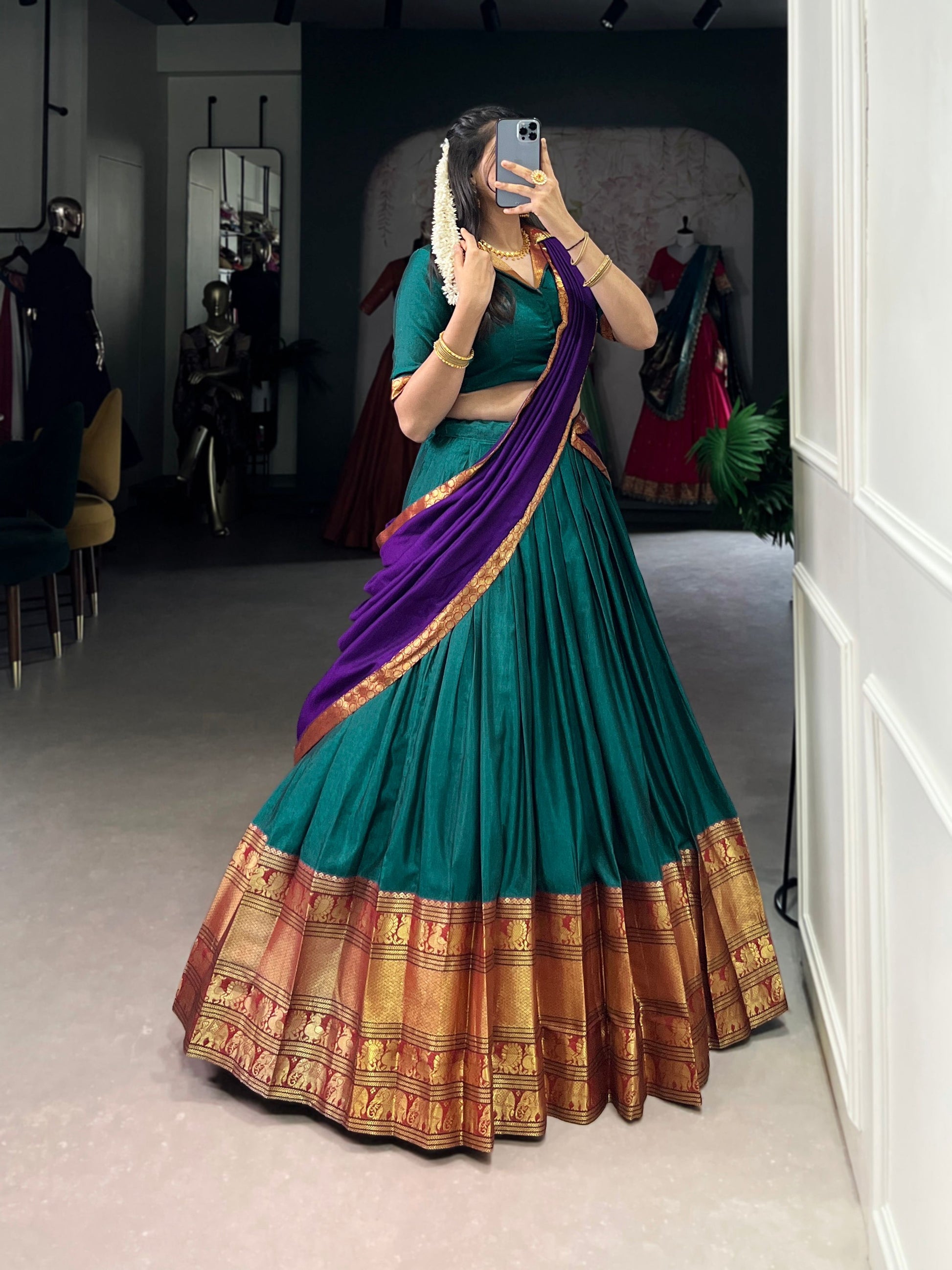 Lorenvalley Fashion Firozi Narayan Pet Silk Zari Weaving Work Lehenga Choli with Dupatta | Swadesiicart