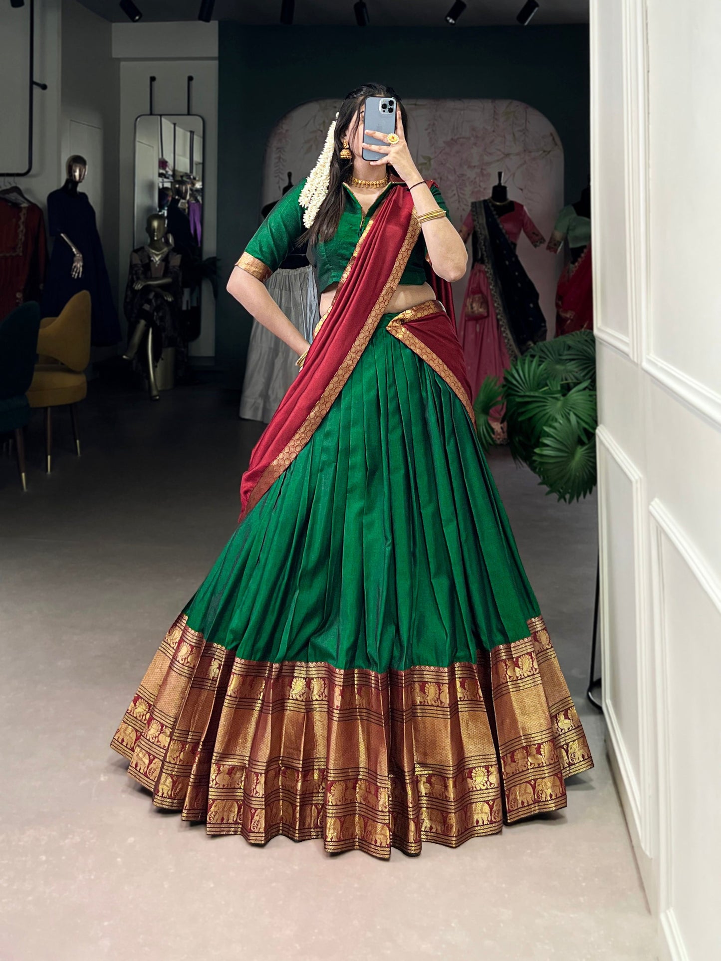 Lorenvalley Fashion Green Narayan Pet Silk Zari Weaving Work Lehenga Choli with Dupatta | Swadesiicart