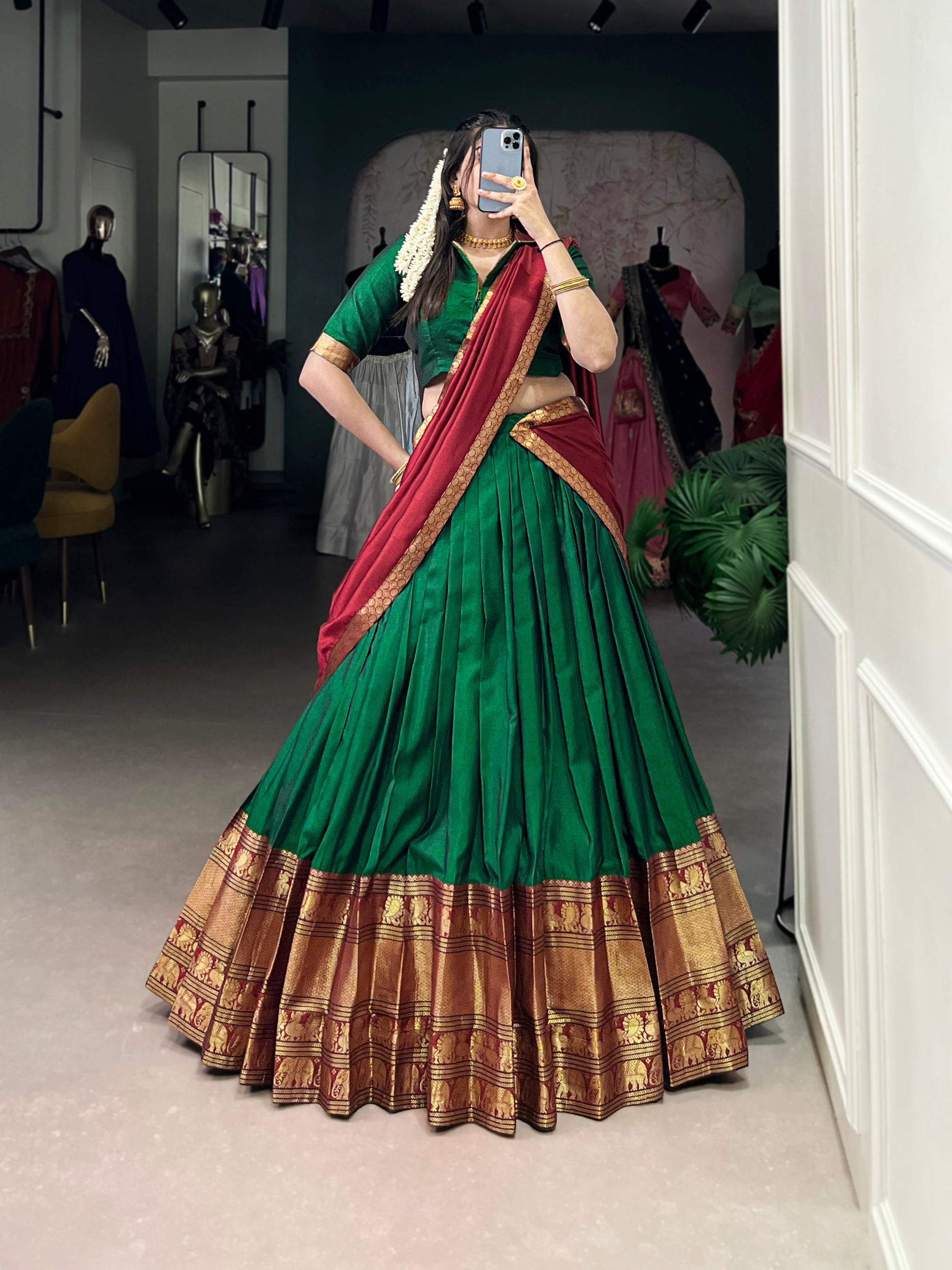 Lorenvalley Fashion Green Narayan Pet Silk Zari Weaving Work Lehenga Choli with Dupatta | Swadesiicart